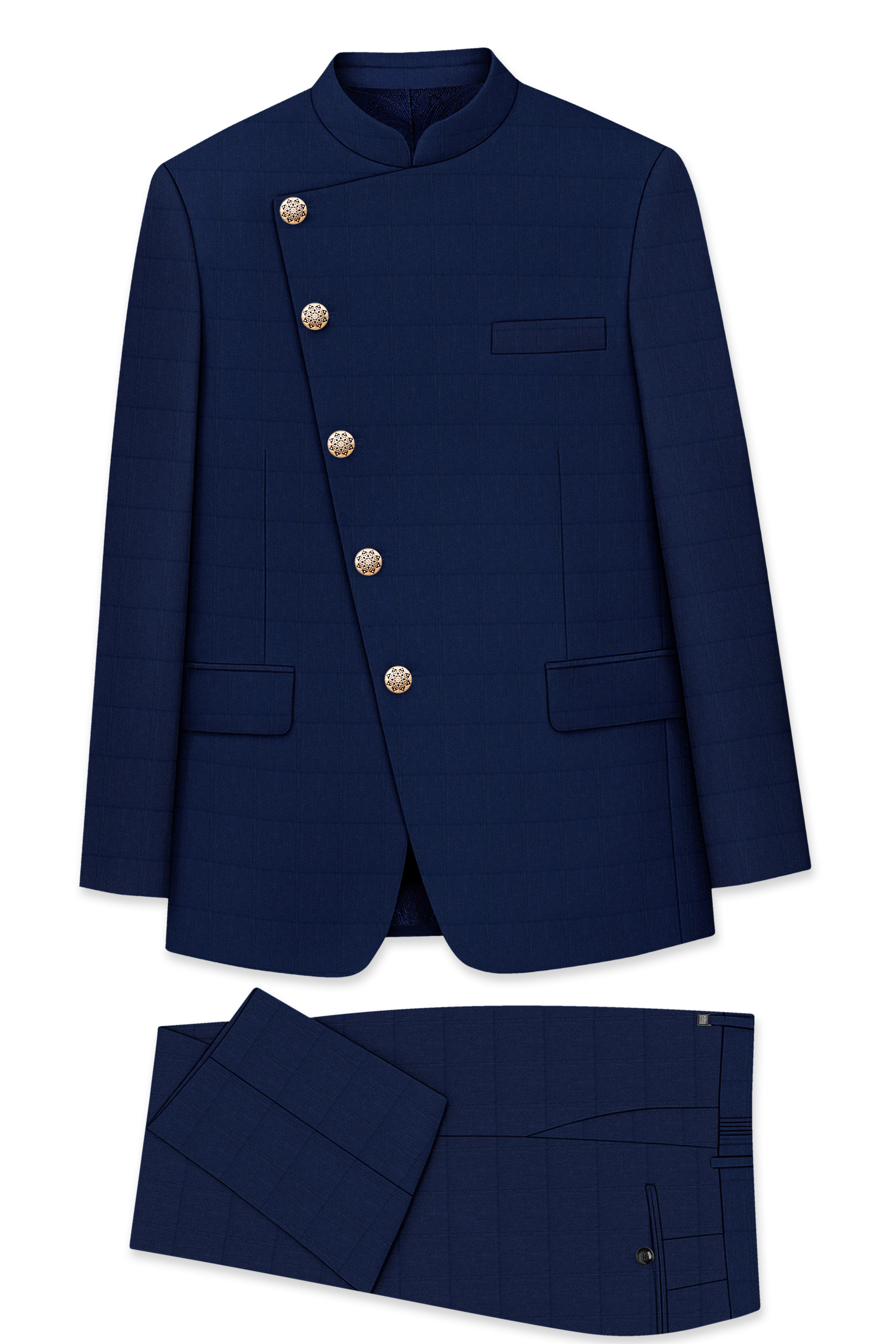 Rhino Blue Cross Placket Bandhgala Suit