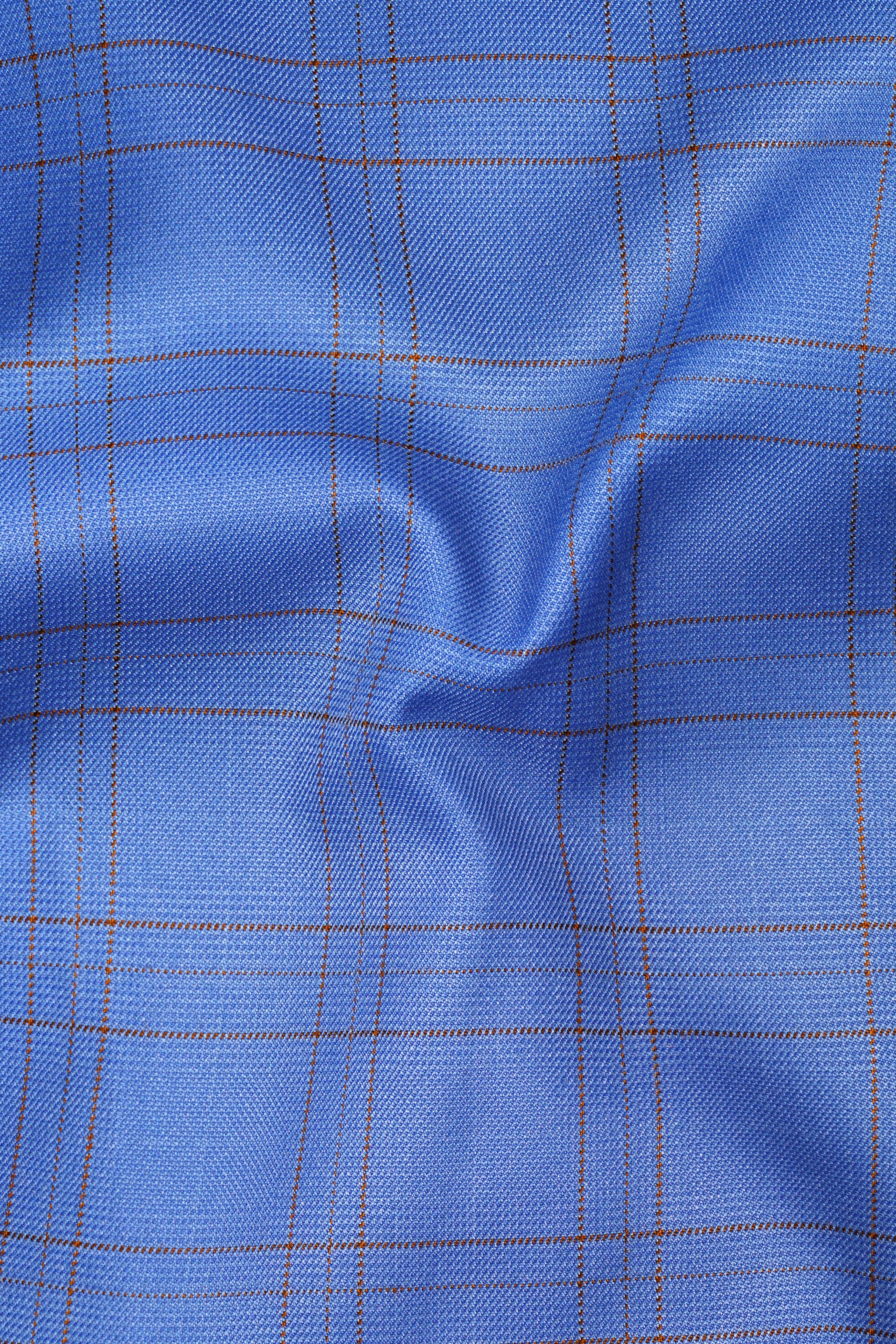 Scampi Blue With Pickled Brown Plaid Cross Placket Bandhgala Suit