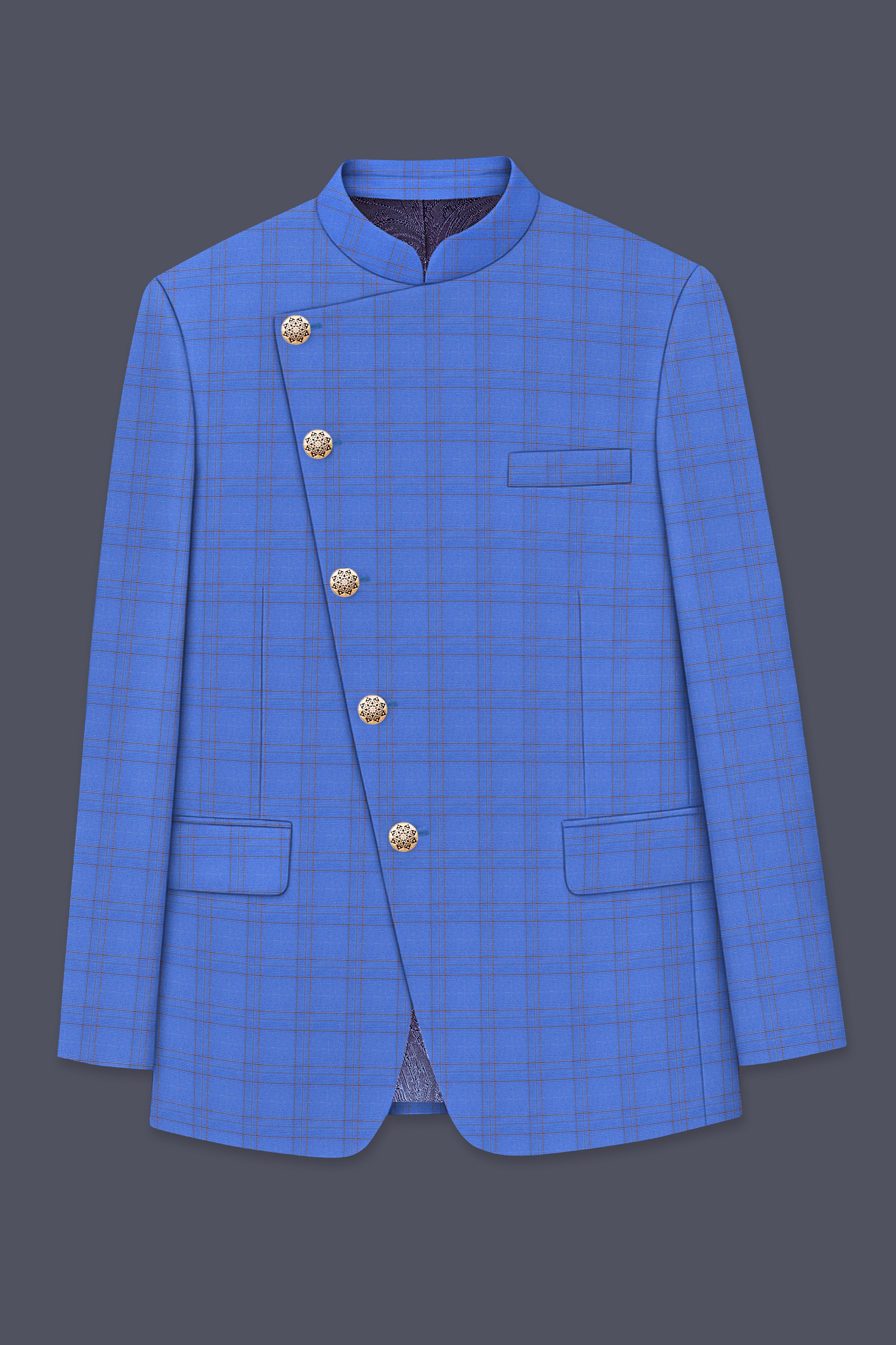 Scampi Blue With Pickled Brown Plaid Cross Placket Bandhgala Suit