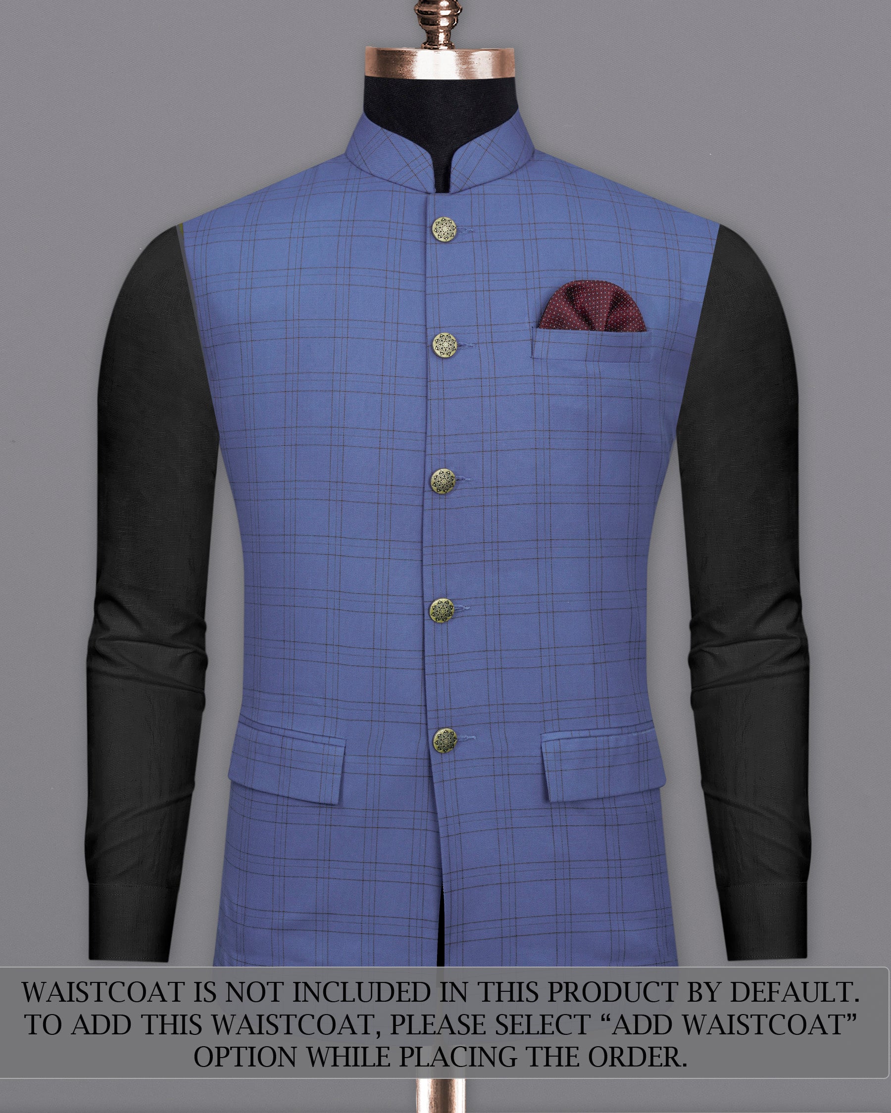 Scampi Blue With Pickled Brown Plaid Cross Placket Bandhgala Suit