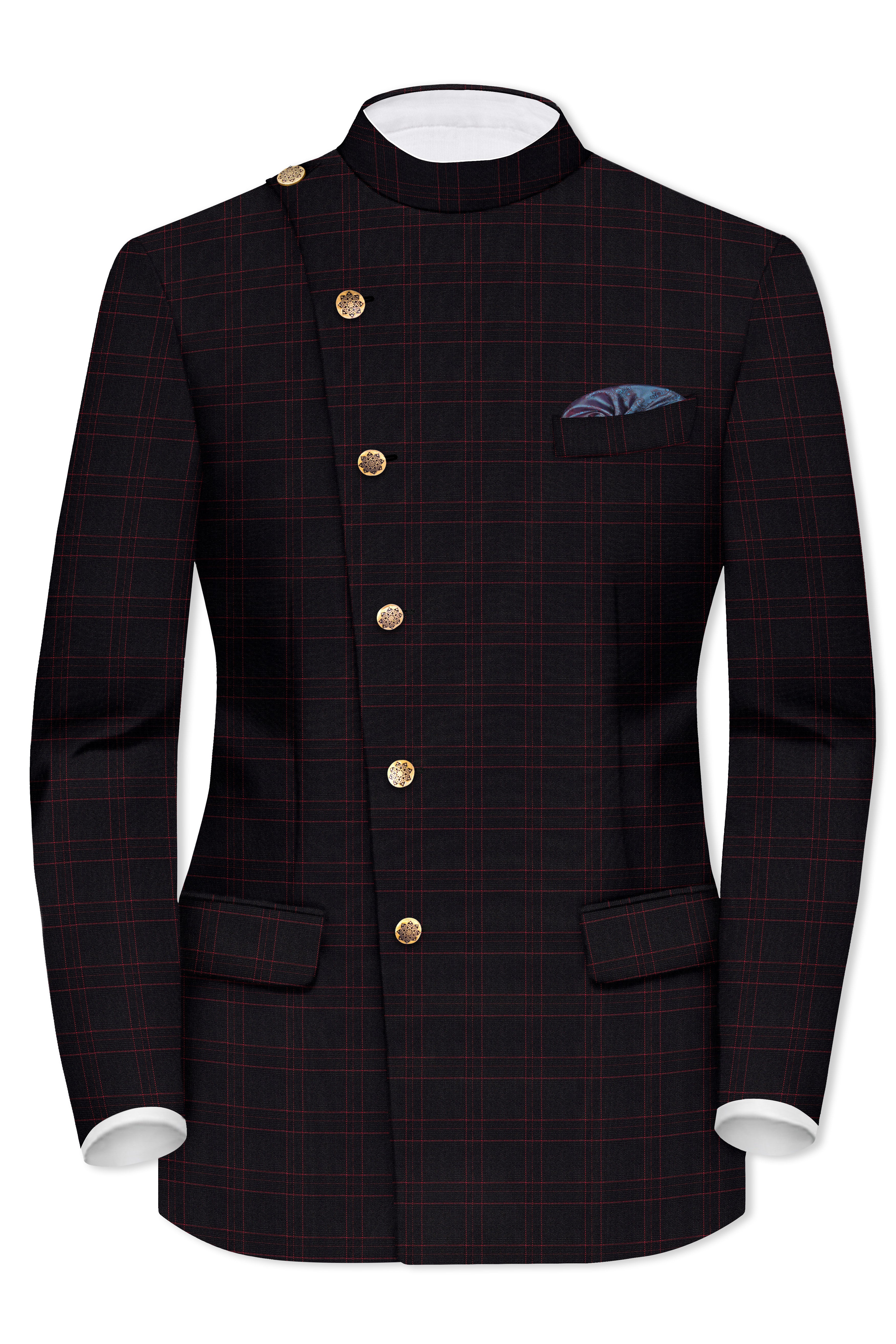 Onyx Black windowpane Cross Placket Bandhgala Suit