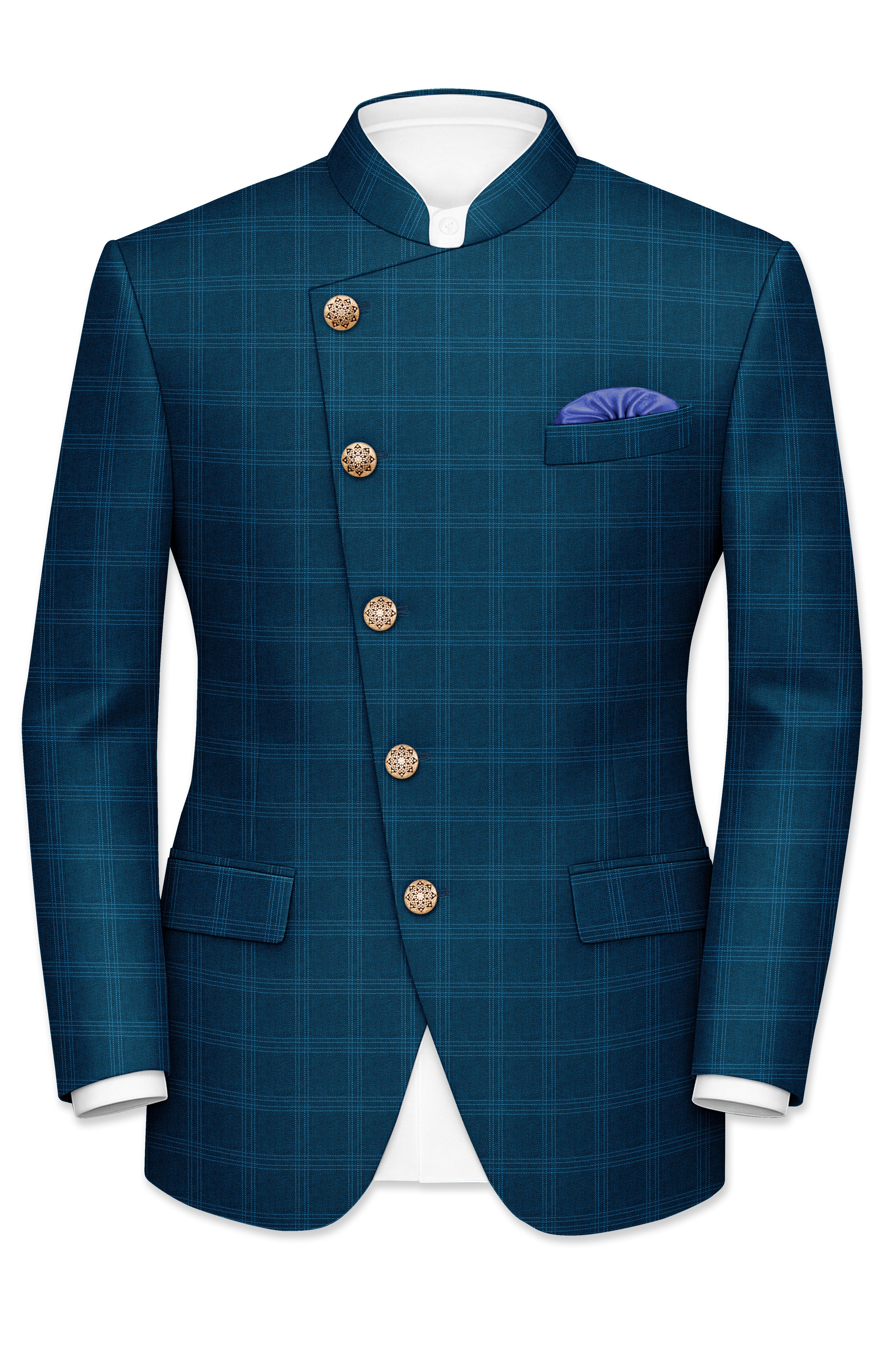 Cloud Burst Sea Green Windowpane Cross Placket Bandhgala Suit