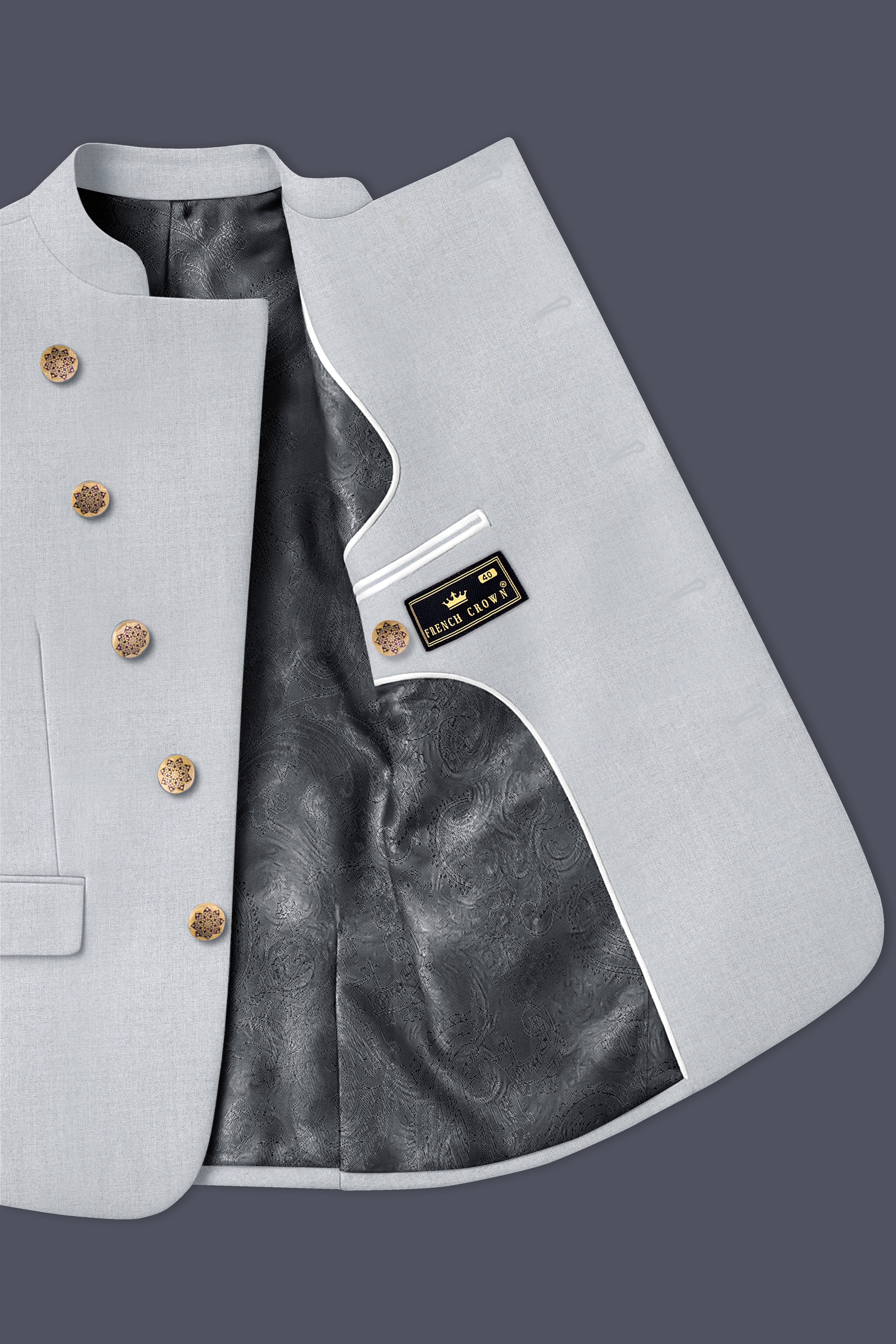 Spun Pearl Gray Cross Placket Bandhgala Suit