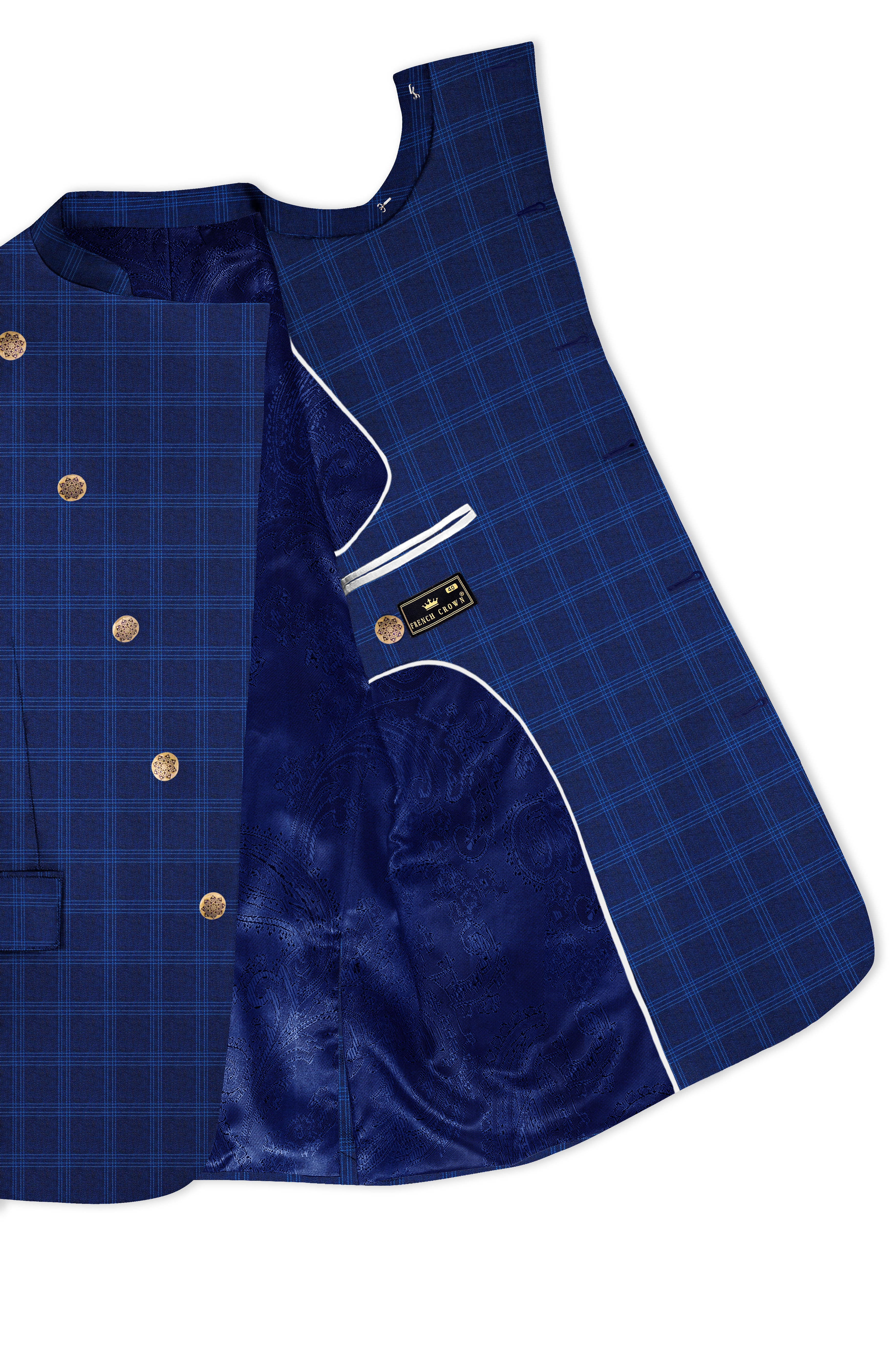 Baltic Sea Blue Windowpane Cross Placket Bandhgala Suit