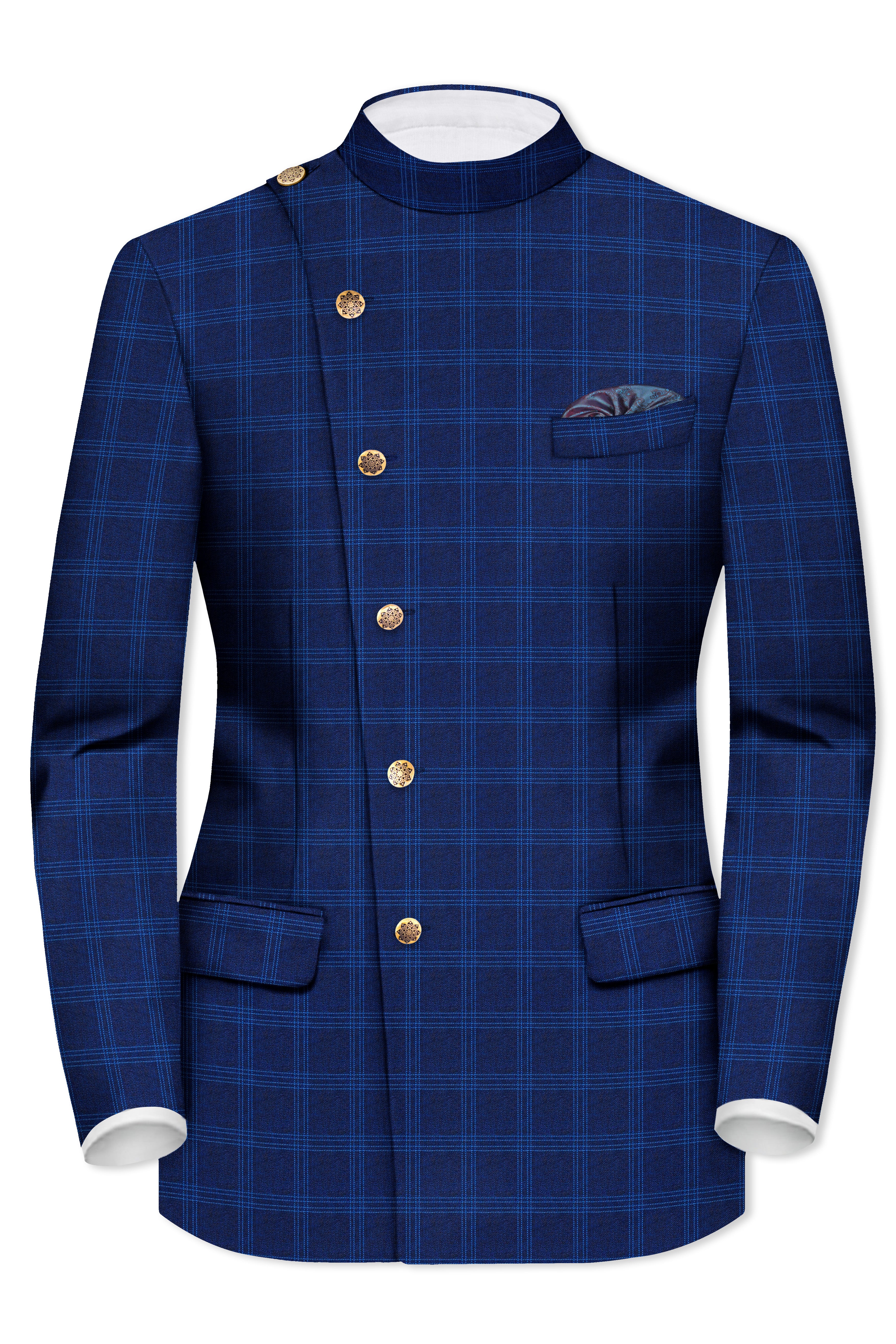 Baltic Sea Blue Windowpane Cross Placket Bandhgala Suit