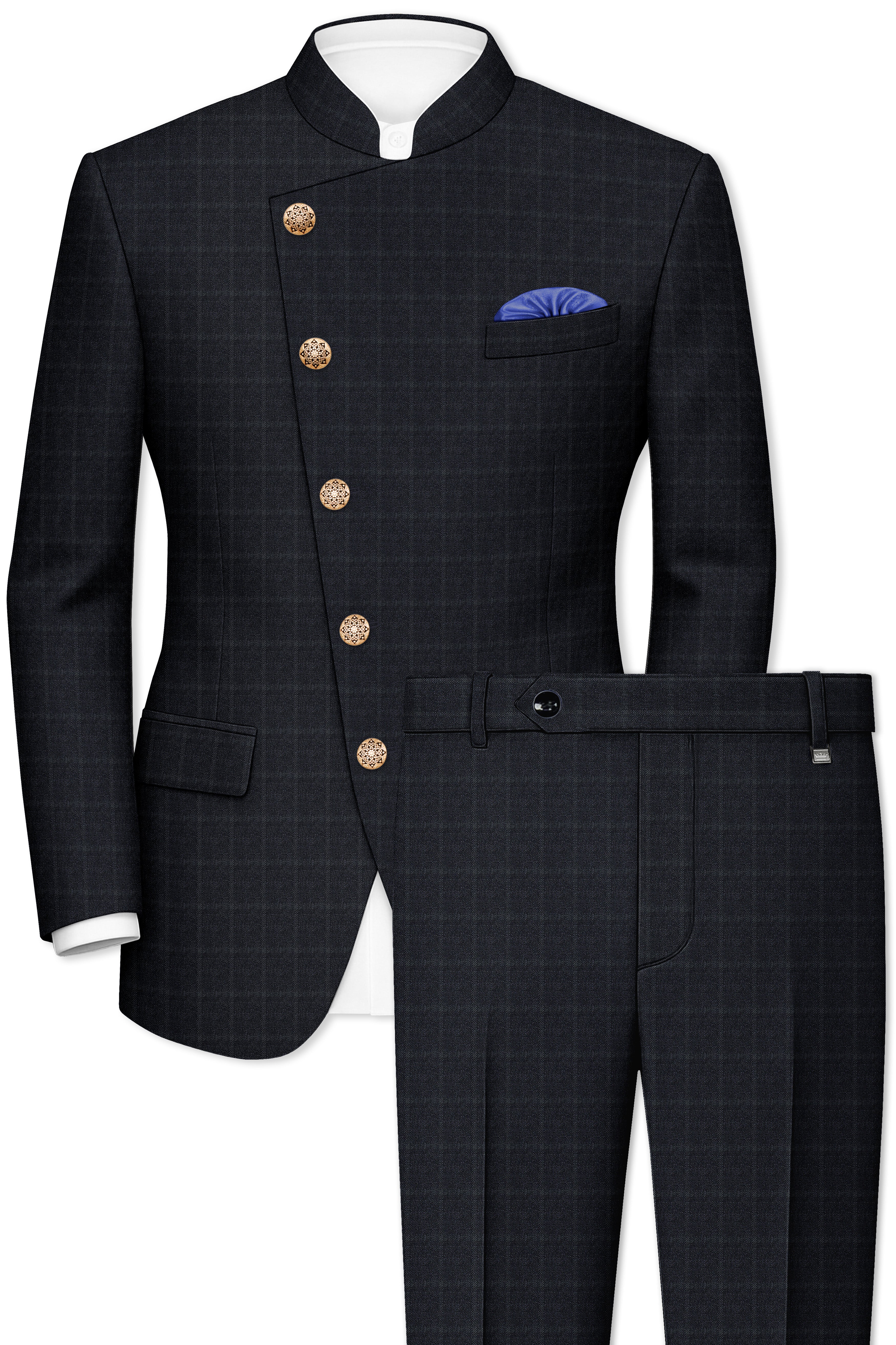 Bastille Light Black Windowpane Cross Placket Bandhgala Suit