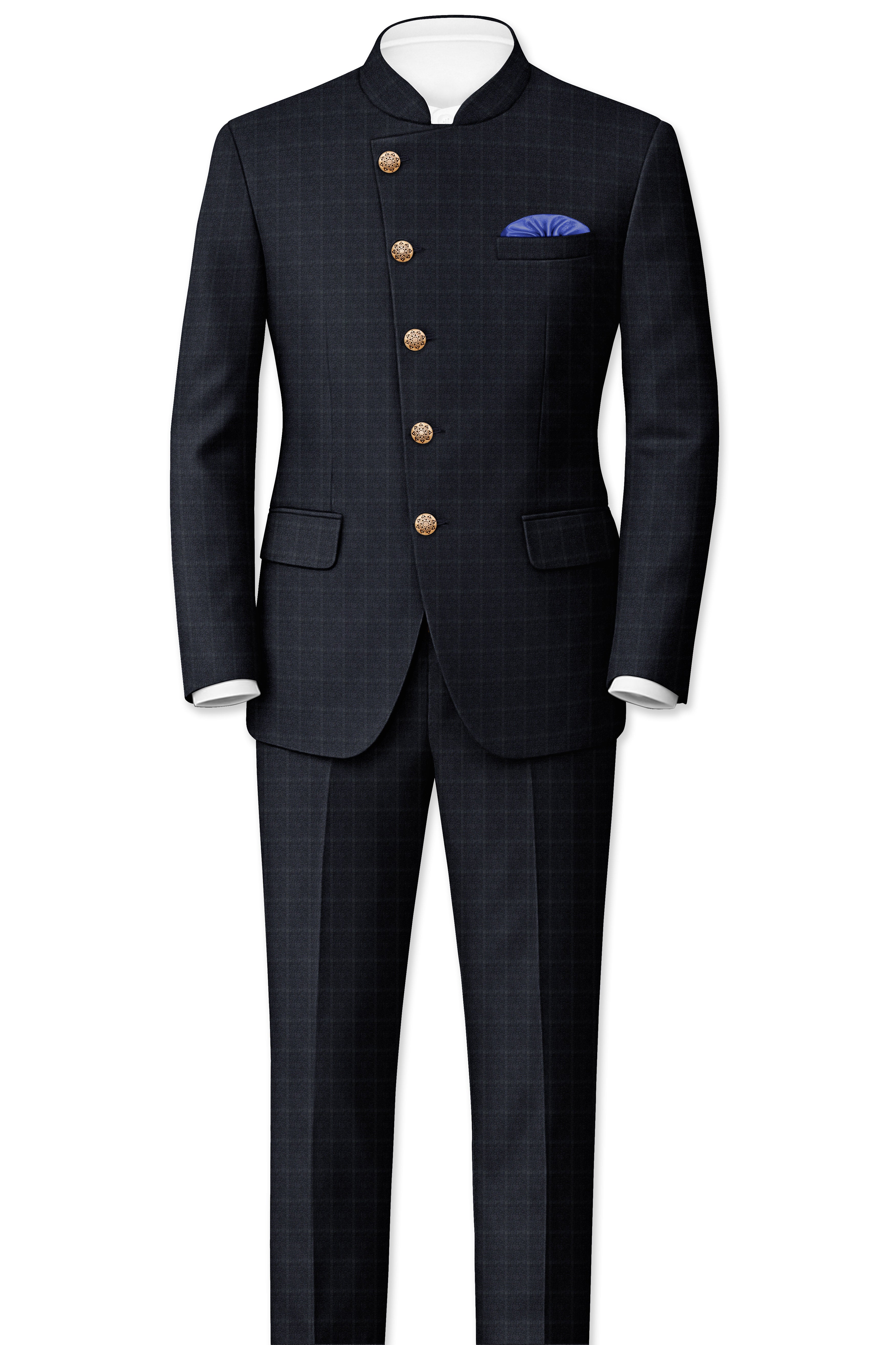 Bastille Light Black Windowpane Cross Placket Bandhgala Suit