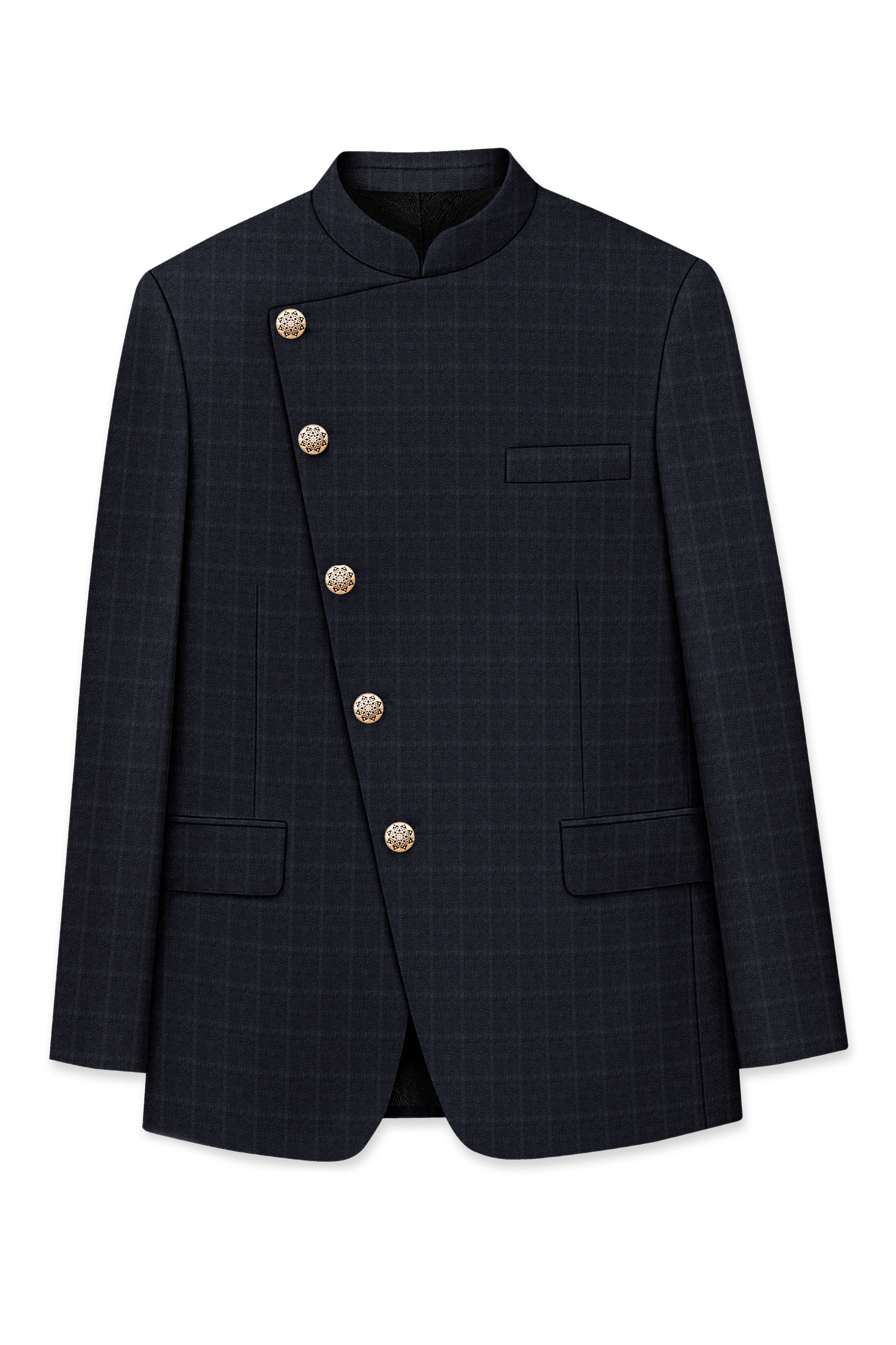 Bastille Light Black Windowpane Cross Placket Bandhgala Suit