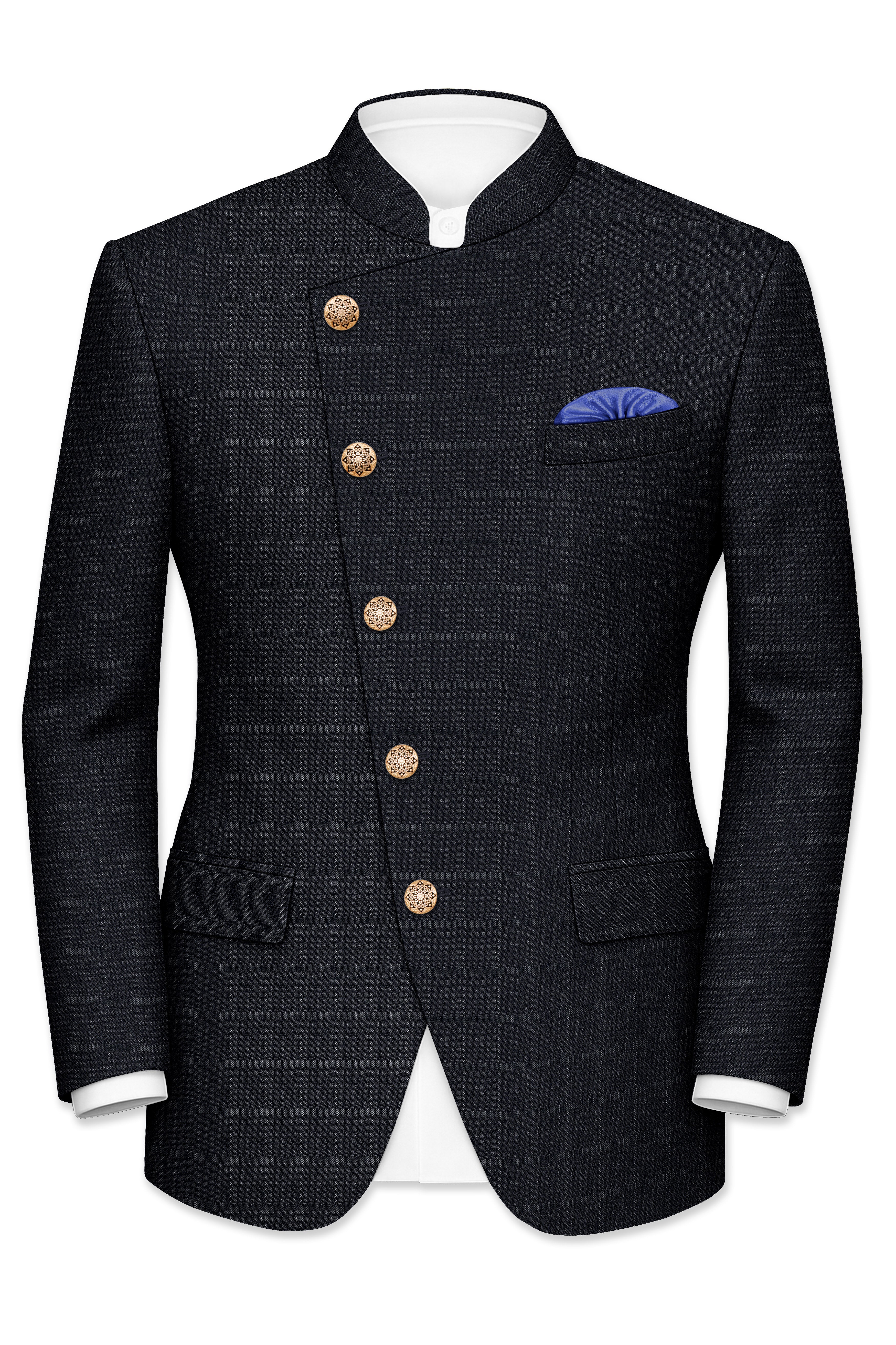 Bastille Light Black Windowpane Cross Placket Bandhgala Suit
