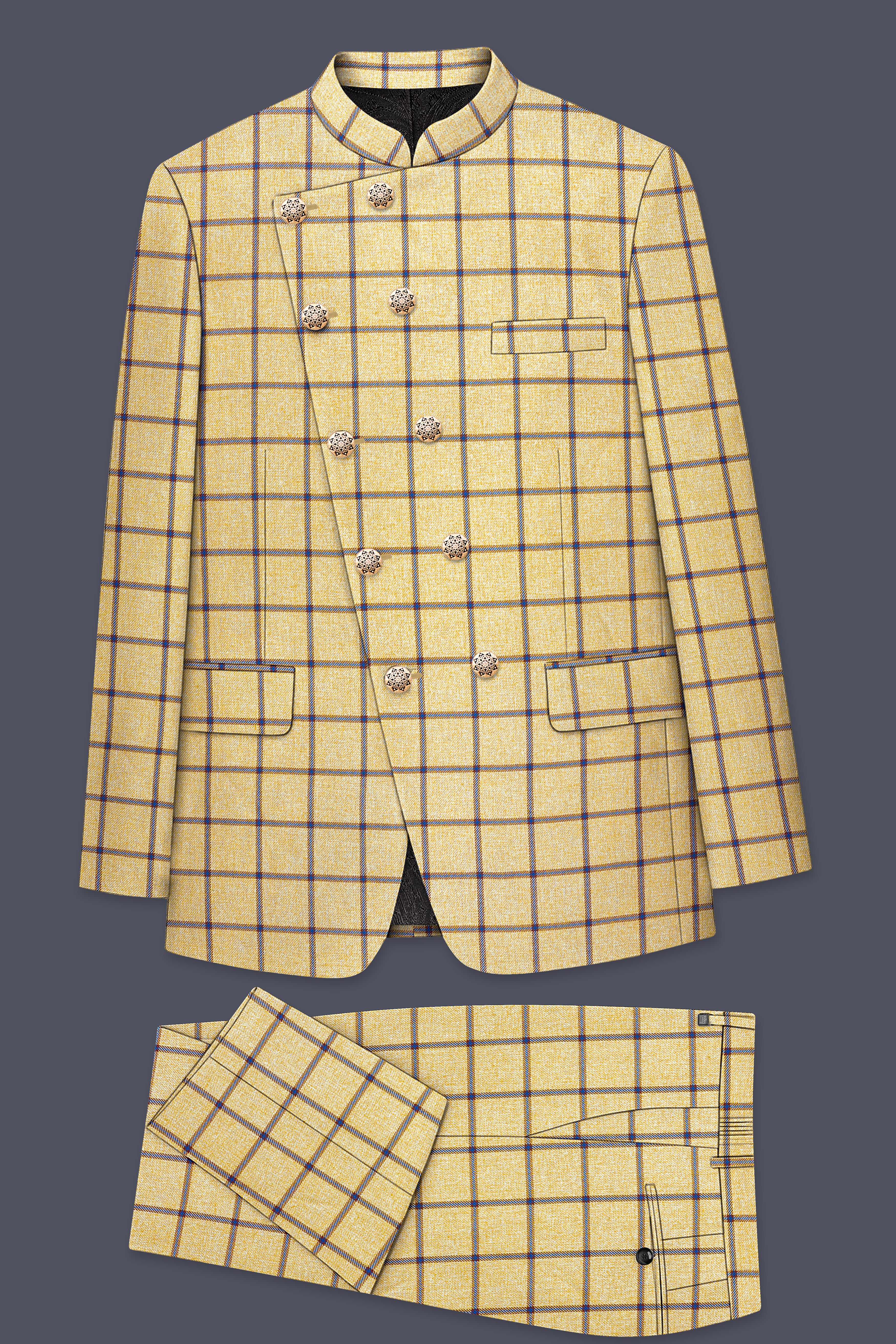 Mongoose Brown with Dianne Blue Windowpane Cross Placket Bandhgala Suit