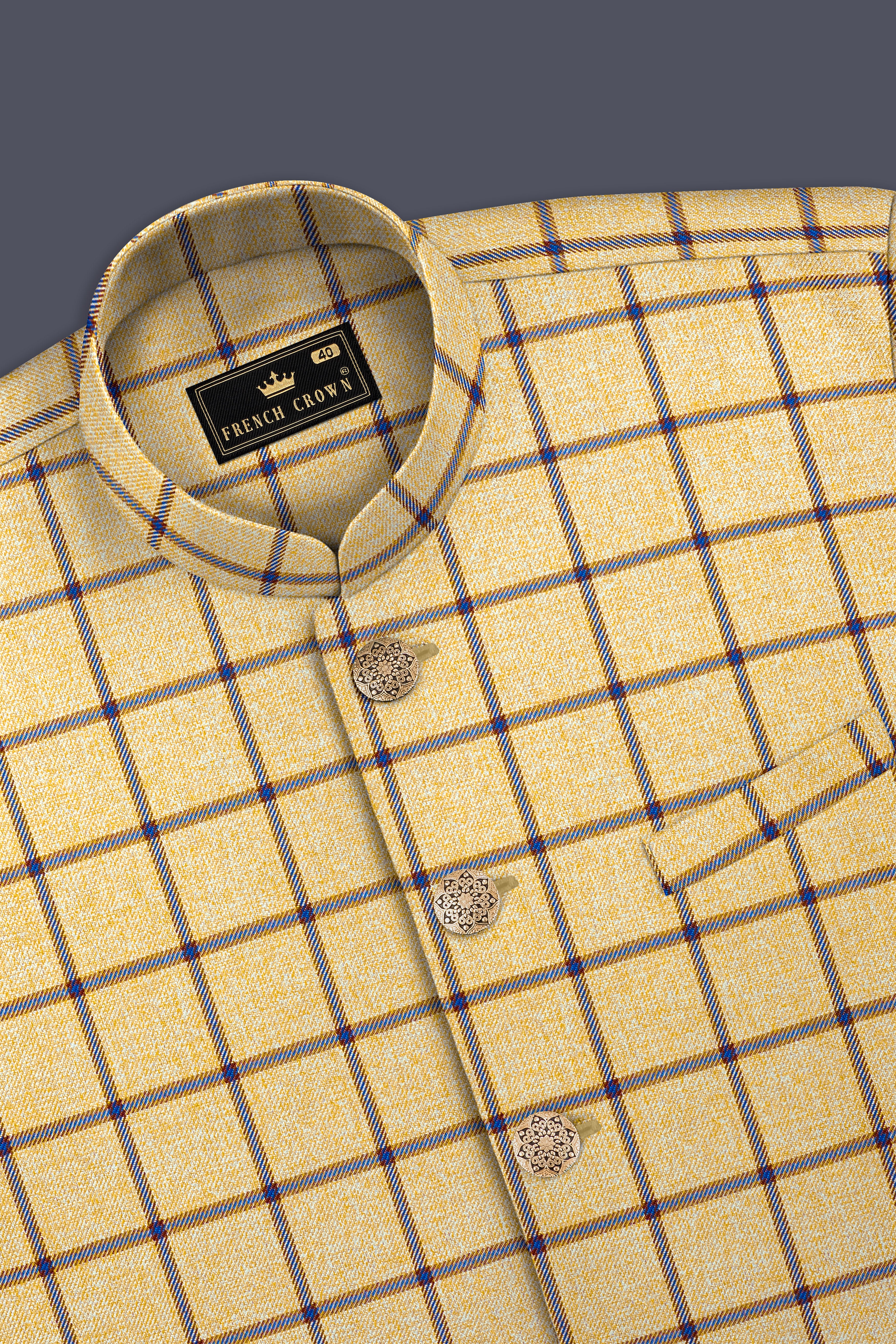 Mongoose Brown with Dianne Blue Windowpane Cross Placket Bandhgala Suit