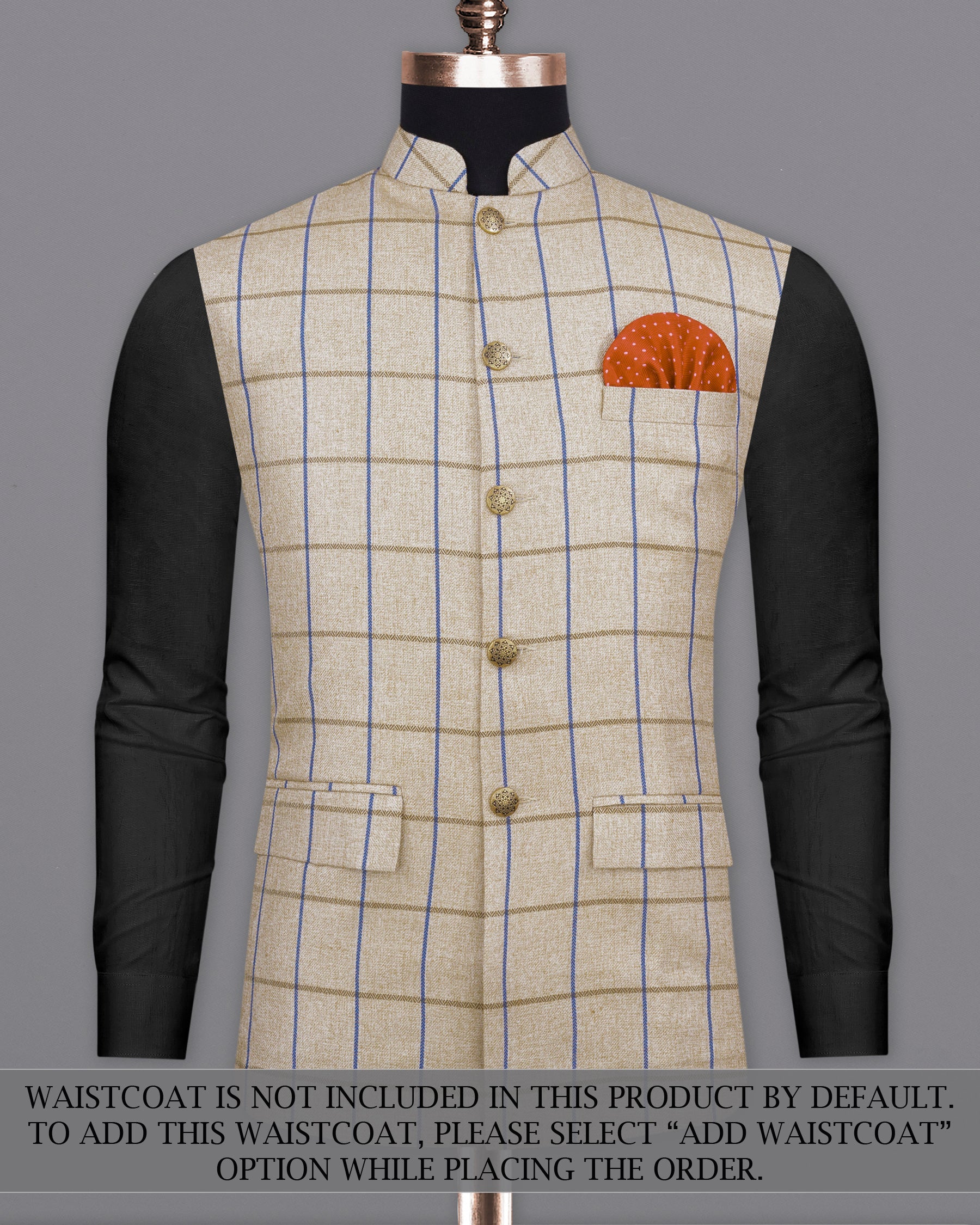 Mushroom Light Brown Checkered Bandhgala Suit