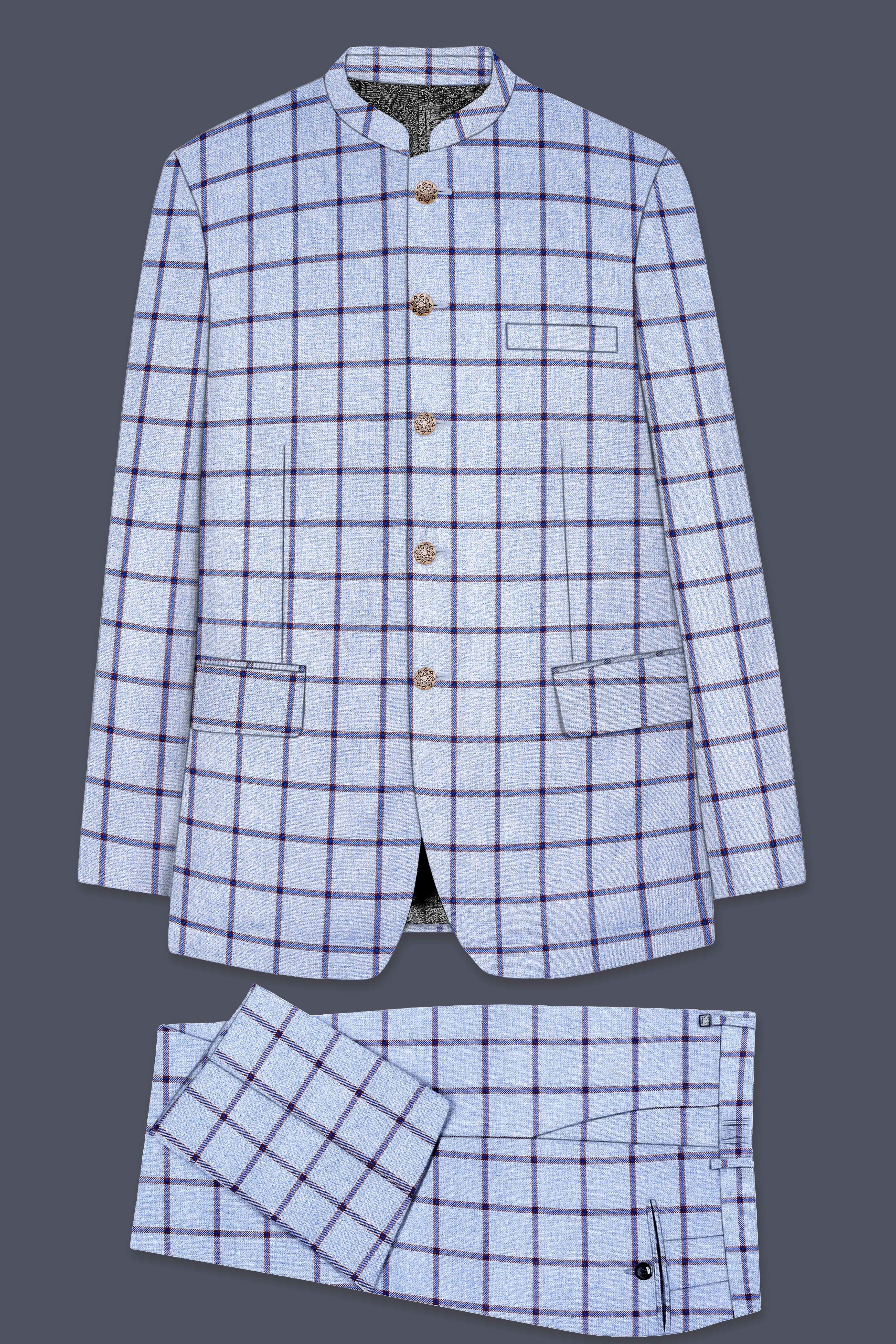 Spun Pearl Gray Checkered Bandhgala Suit