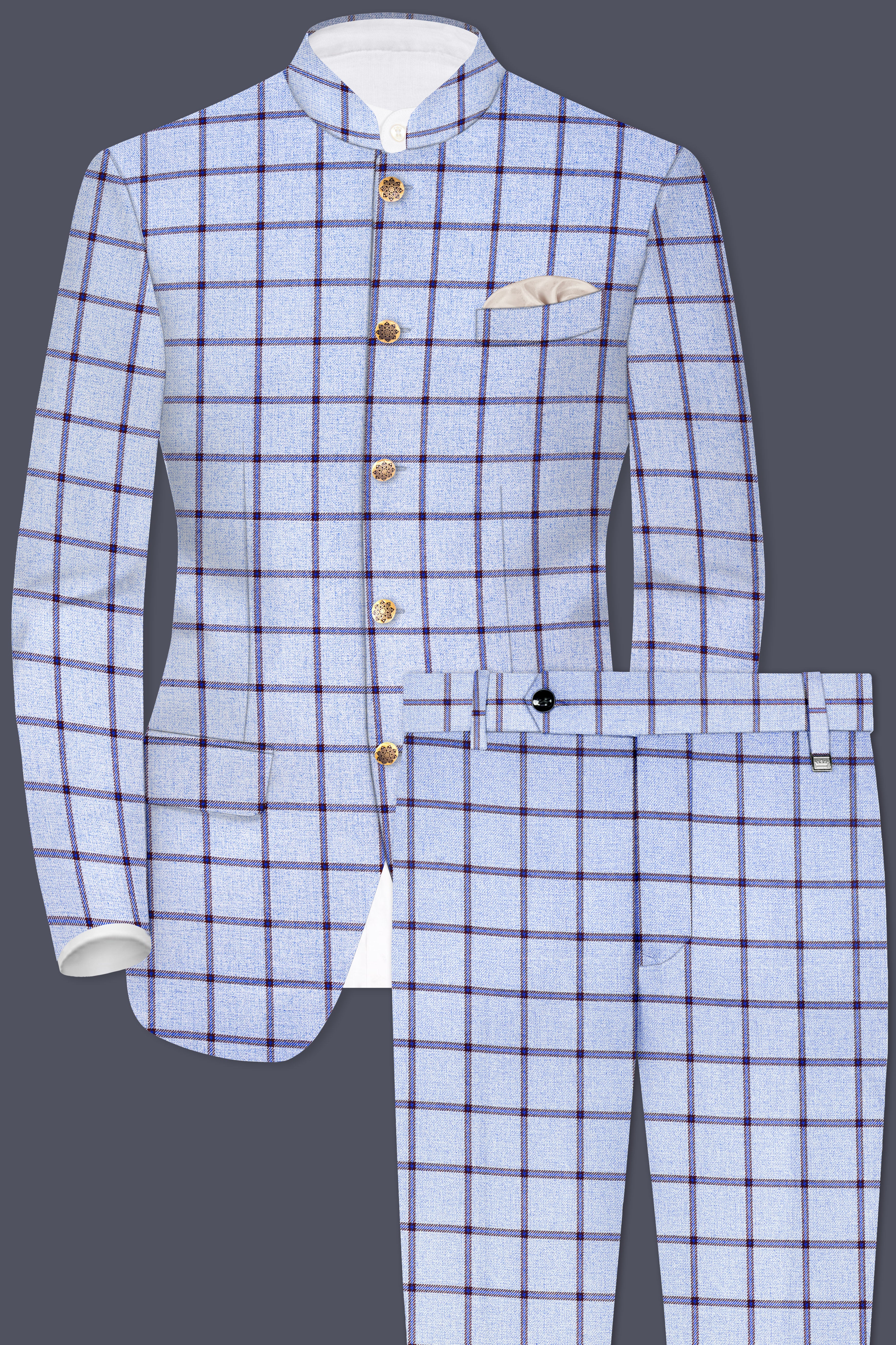 Spun Pearl Gray Checkered Bandhgala Suit