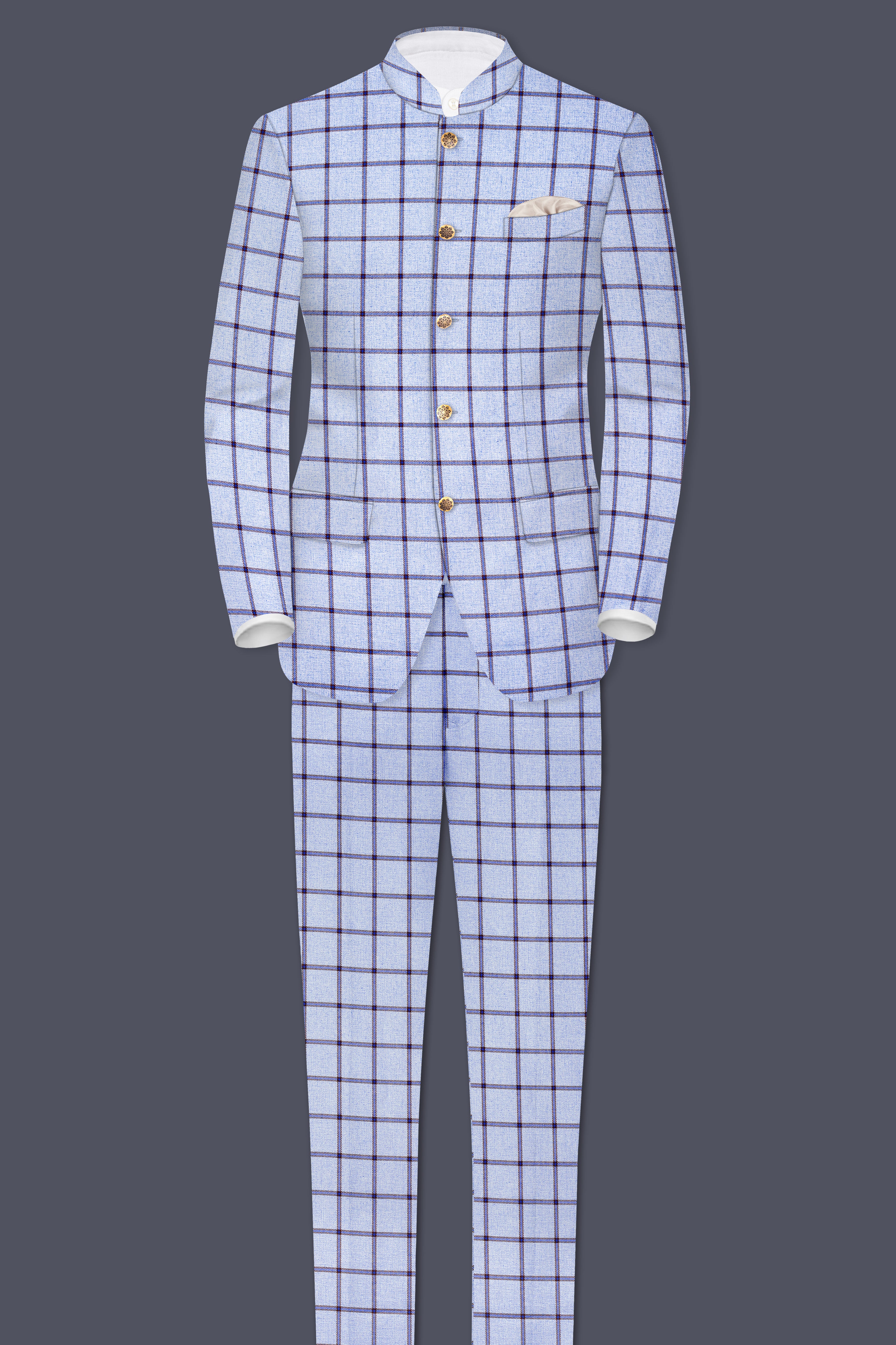Spun Pearl Gray Checkered Bandhgala Suit