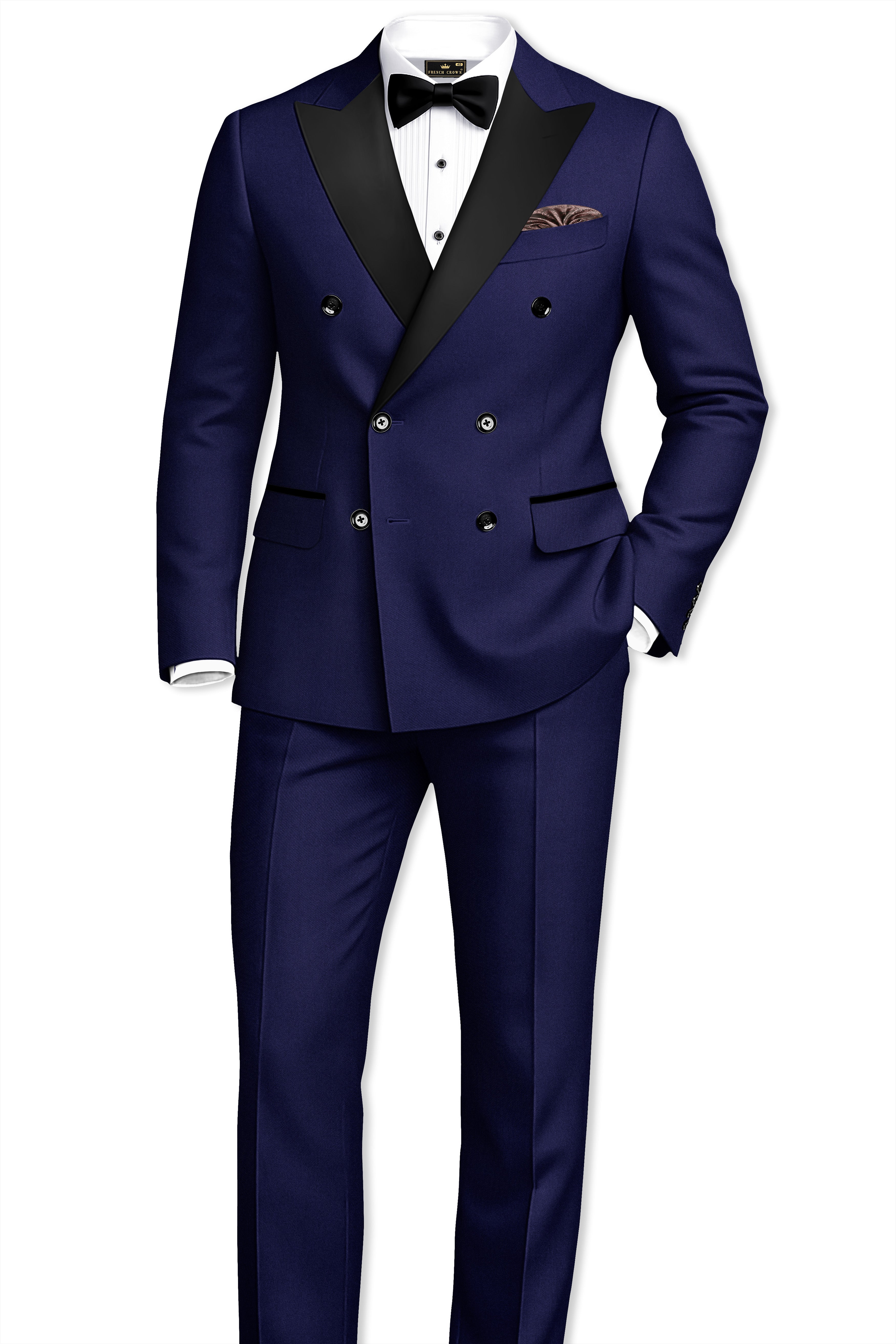 Bleached Cedar Blue Double Breasted Black Lapel Designer Suit