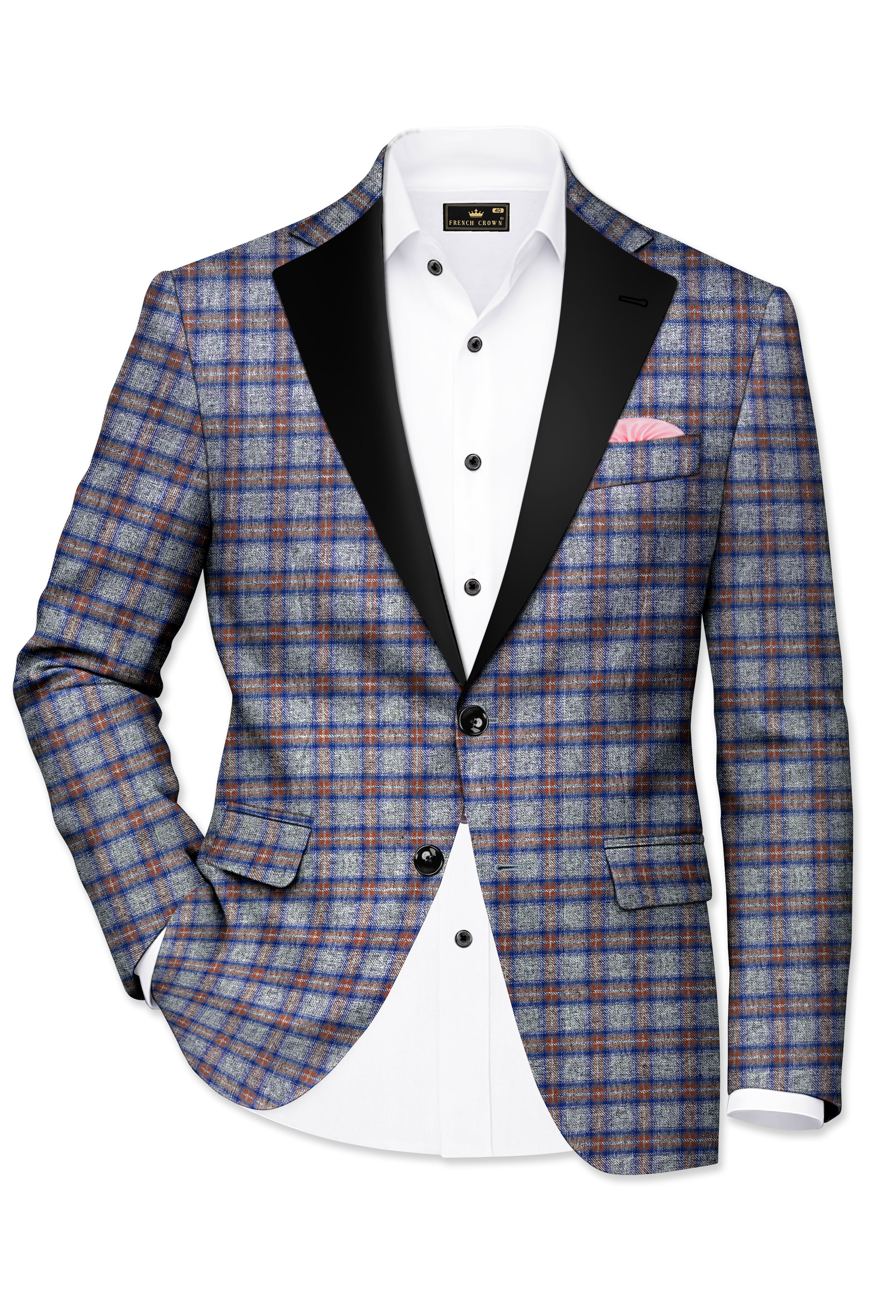 Fuscous Gray Checkered Single Breasted Black Lapel Designer Suit