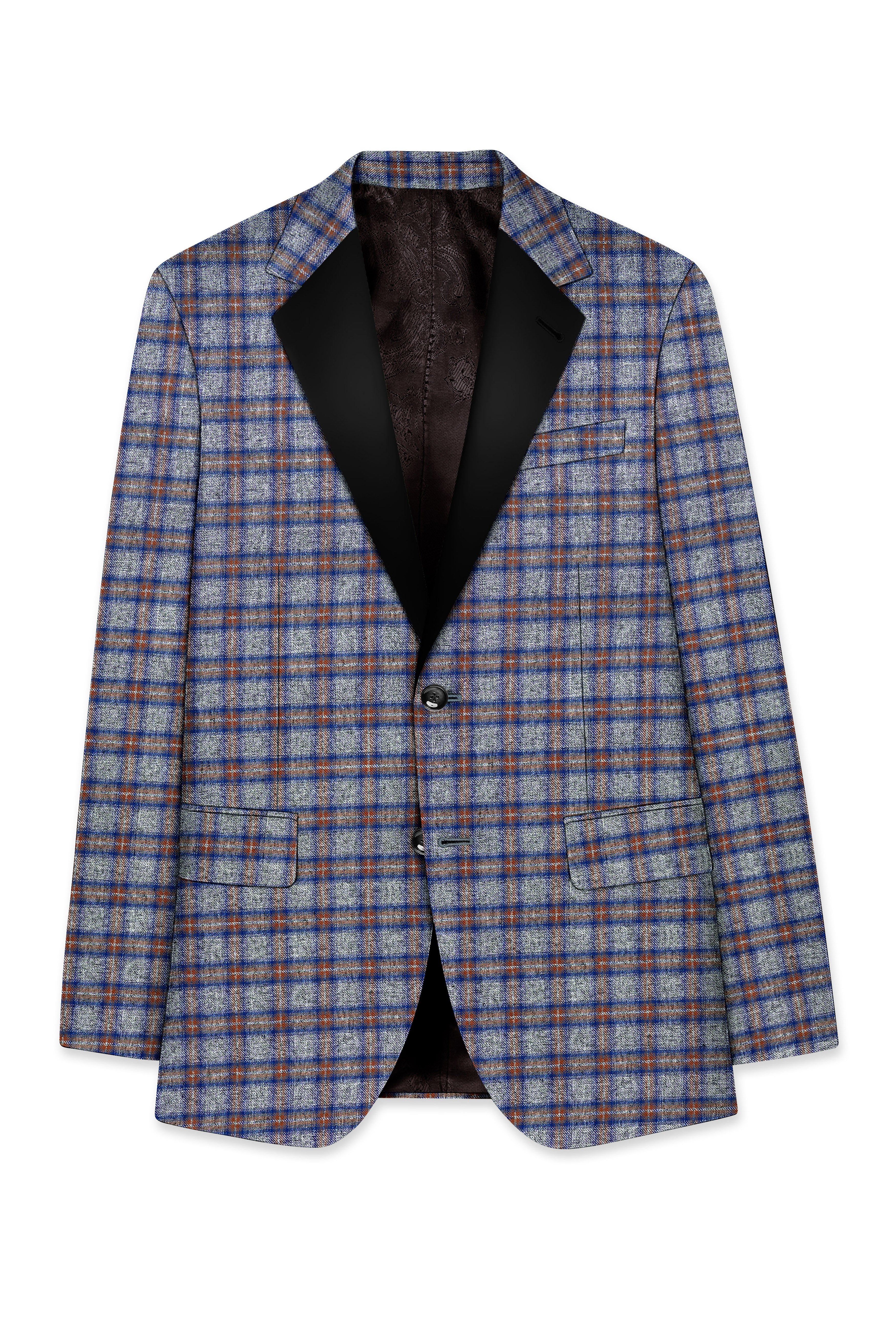 Fuscous Gray Checkered Single Breasted Black Lapel Designer Suit