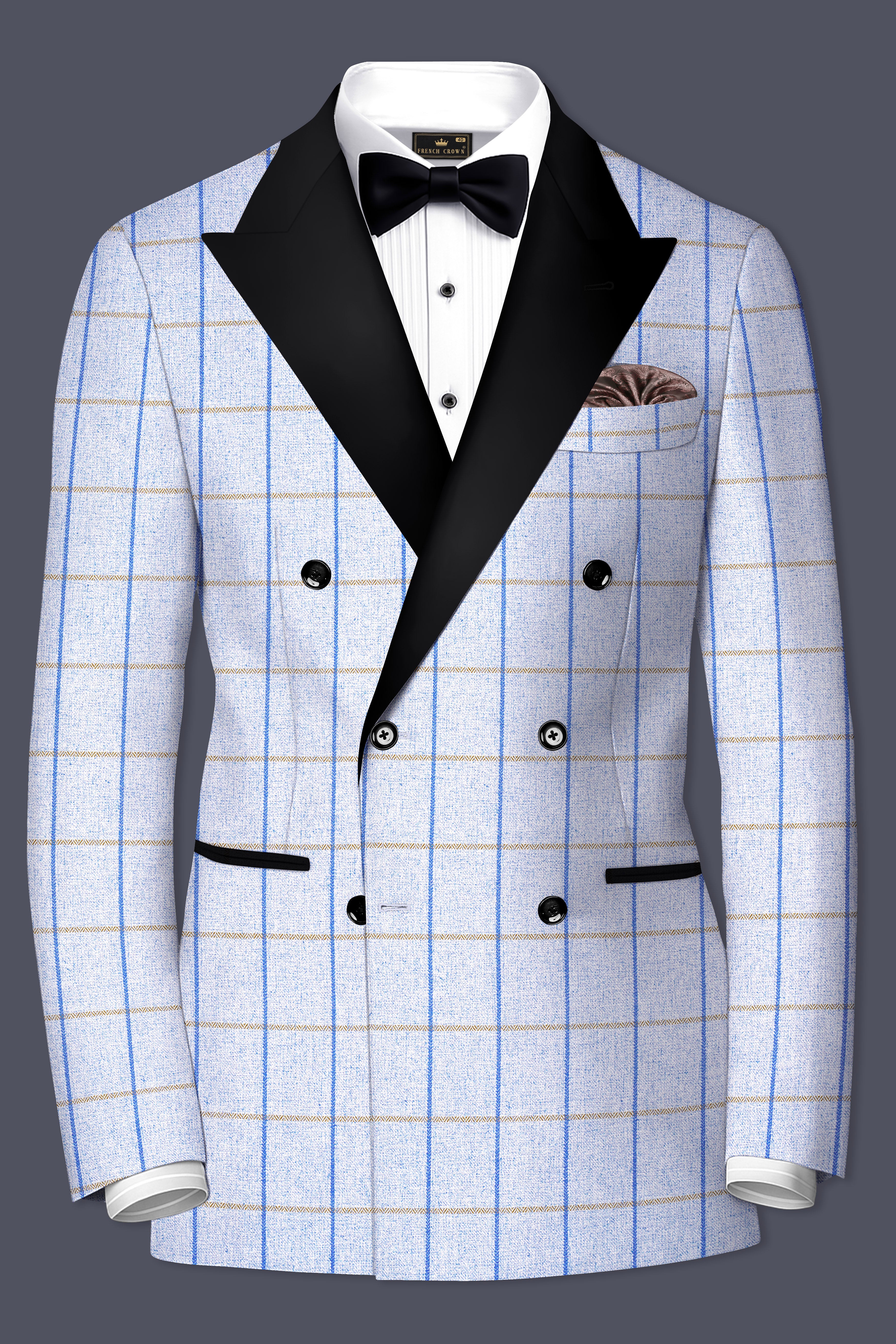 Mobster Blue Checkered Double Breasted Black Lapel Designer Suit