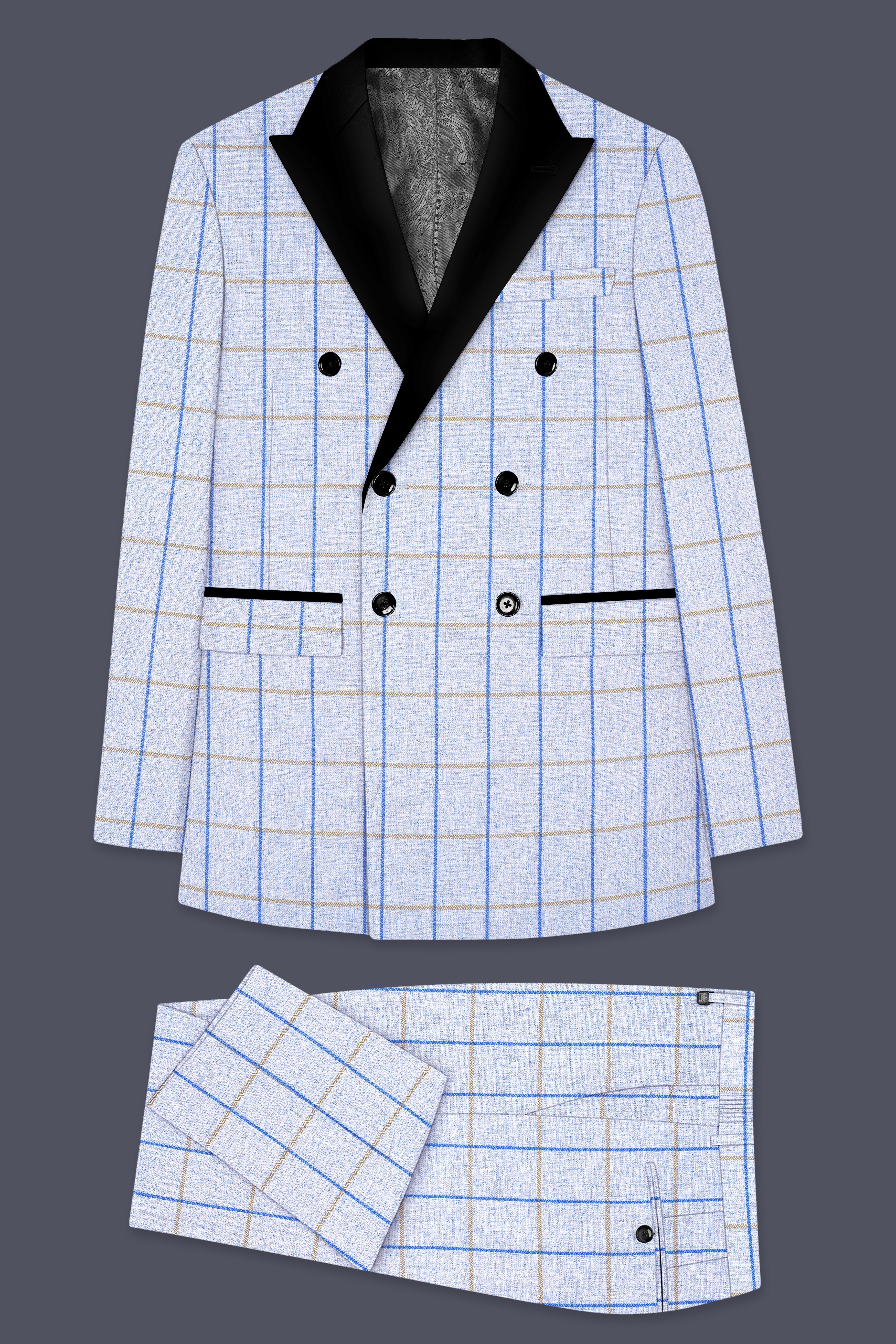 Mobster Blue Checkered Double Breasted Black Lapel Designer Suit