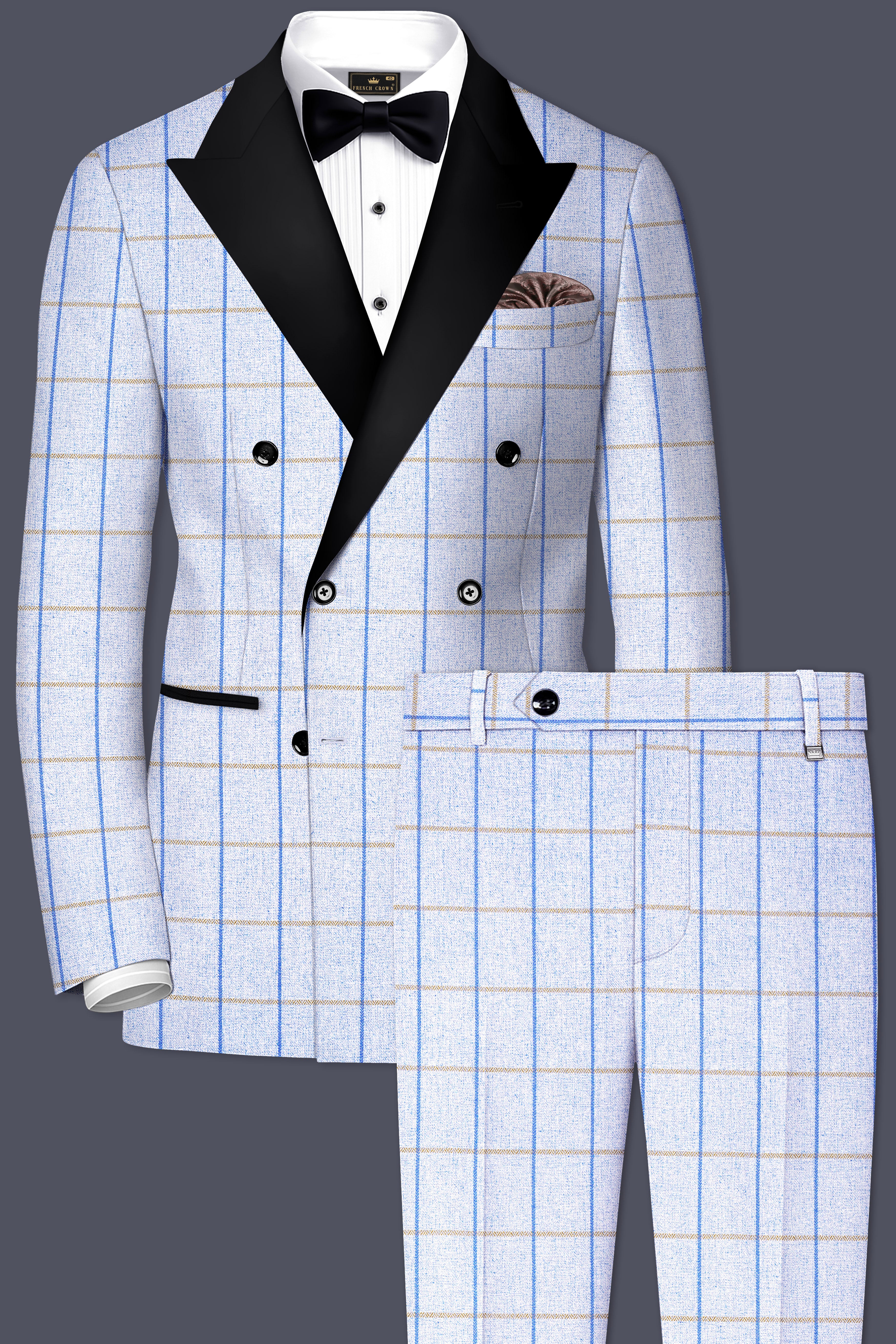 【Rrrr】DOUBLE LAPELED DOUBLE BREASTED Mobster Blue Checks-Plaid Premium Terry Rayon Double Breasted