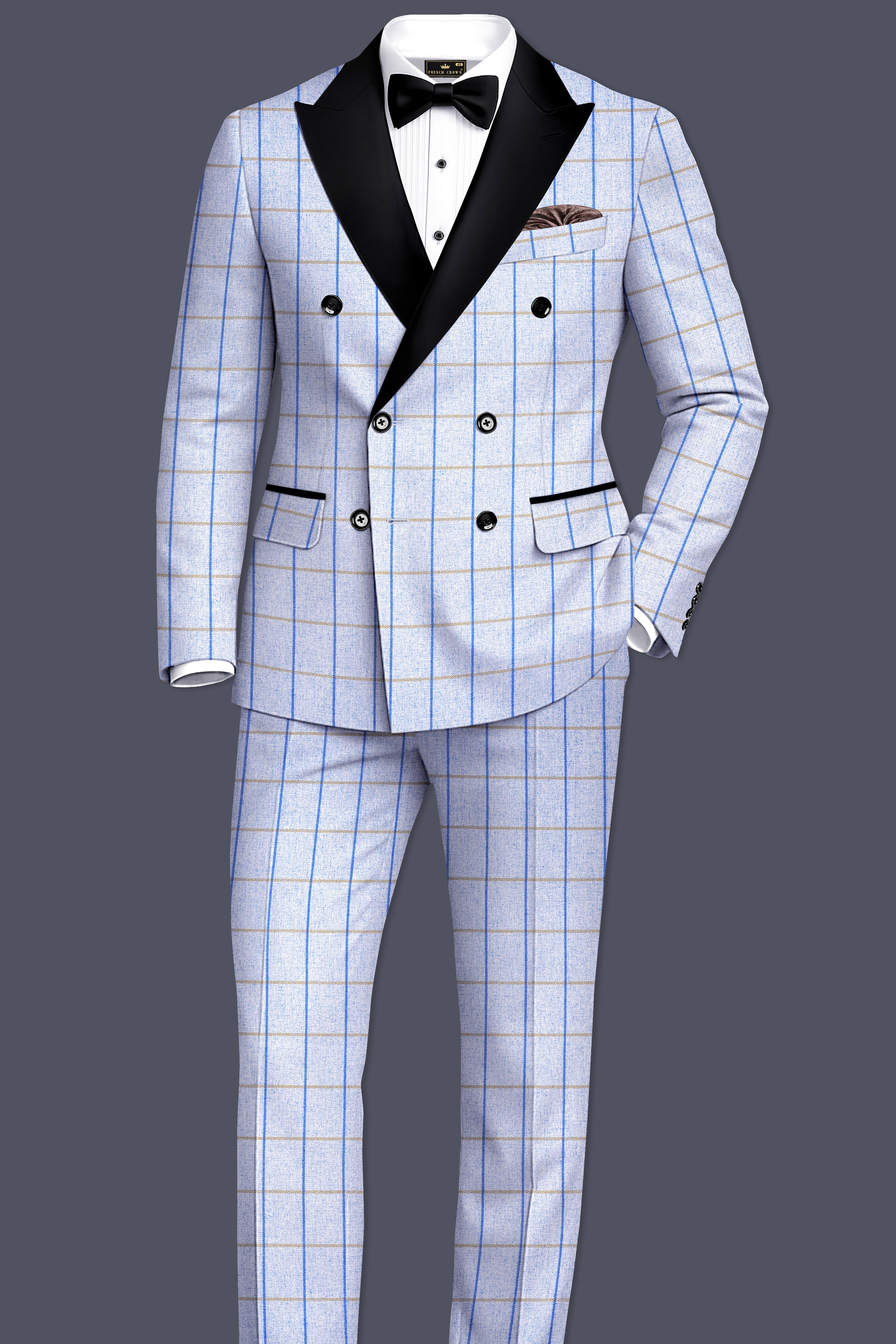 Mobster Blue Checkered Double Breasted Black Lapel Designer Suit