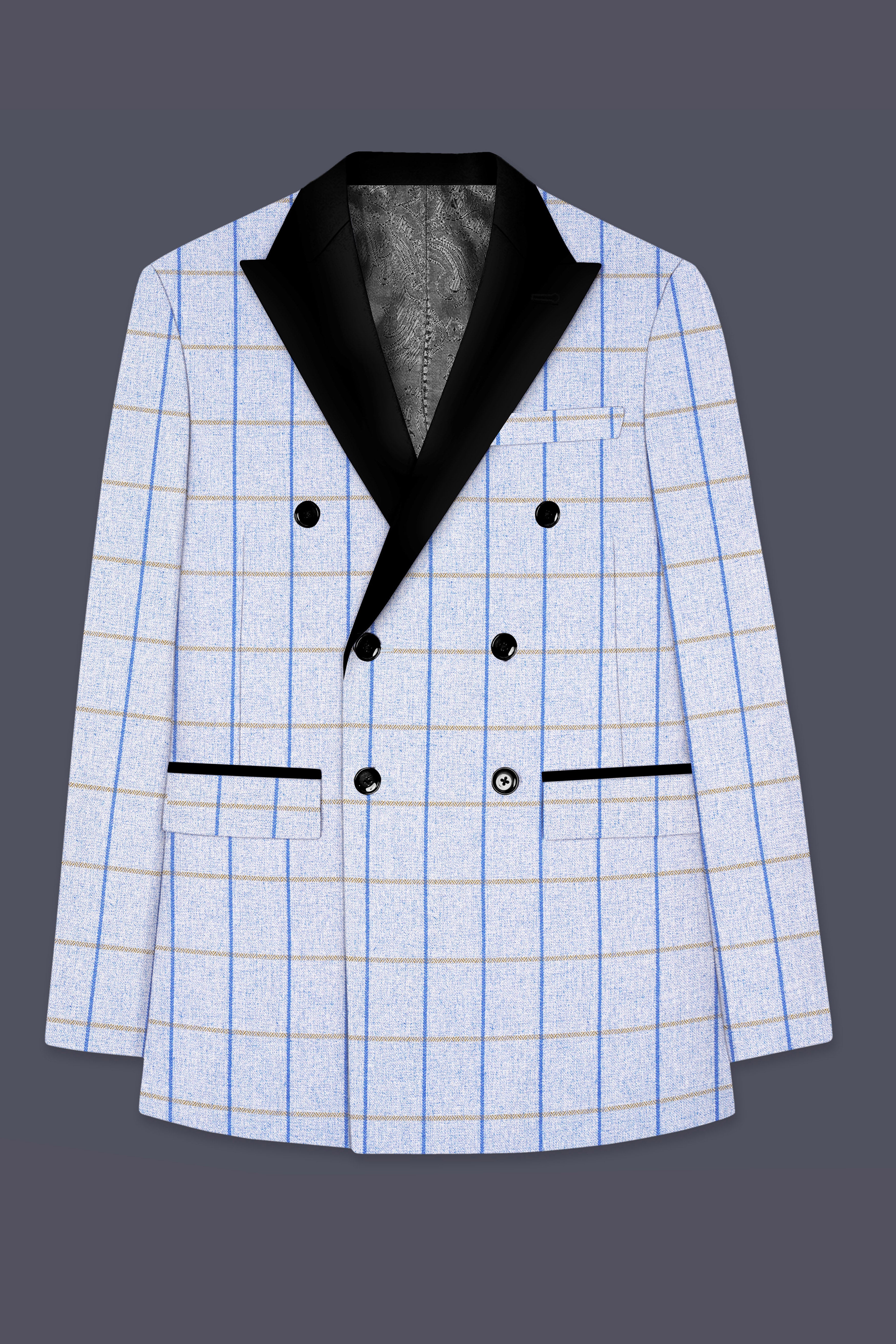 Mobster Blue Checkered Double Breasted Black Lapel Designer Suit