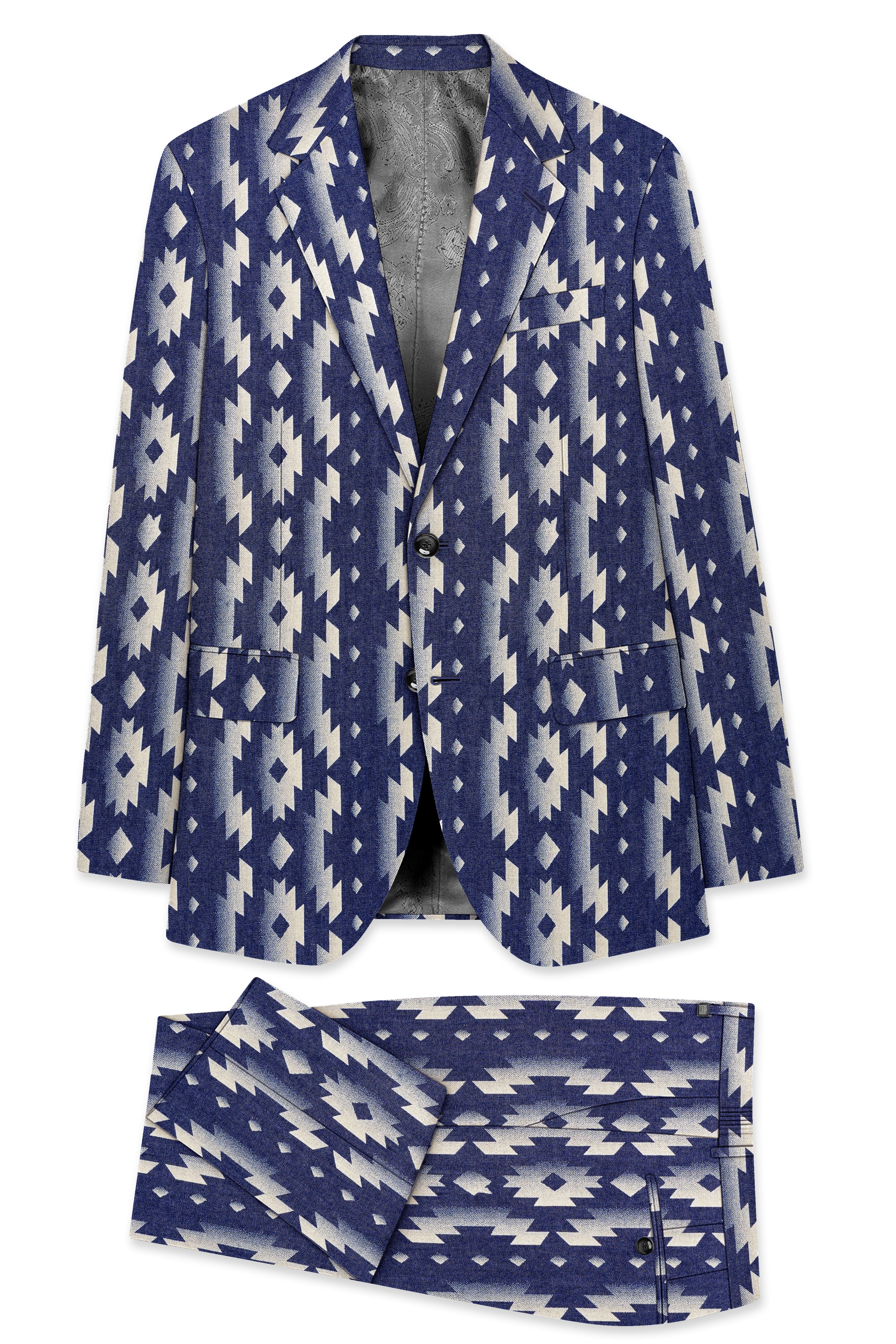 Gunmetal Blue with Nobel Cream Iktat Printed Denim Premium Cotton Designer Suit