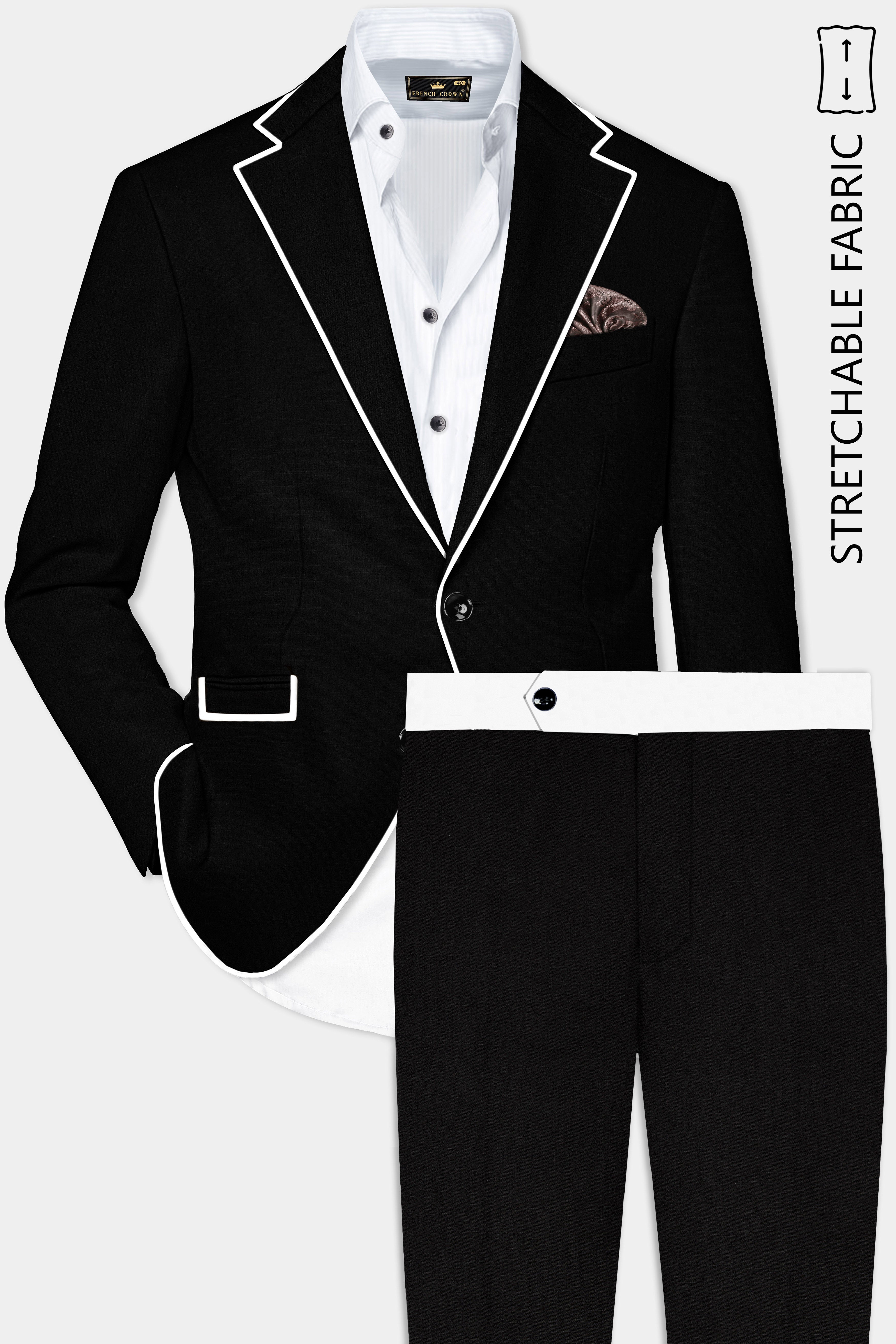 Jade Black Stretchable Subtle Sheen with White Border Patterned Suit