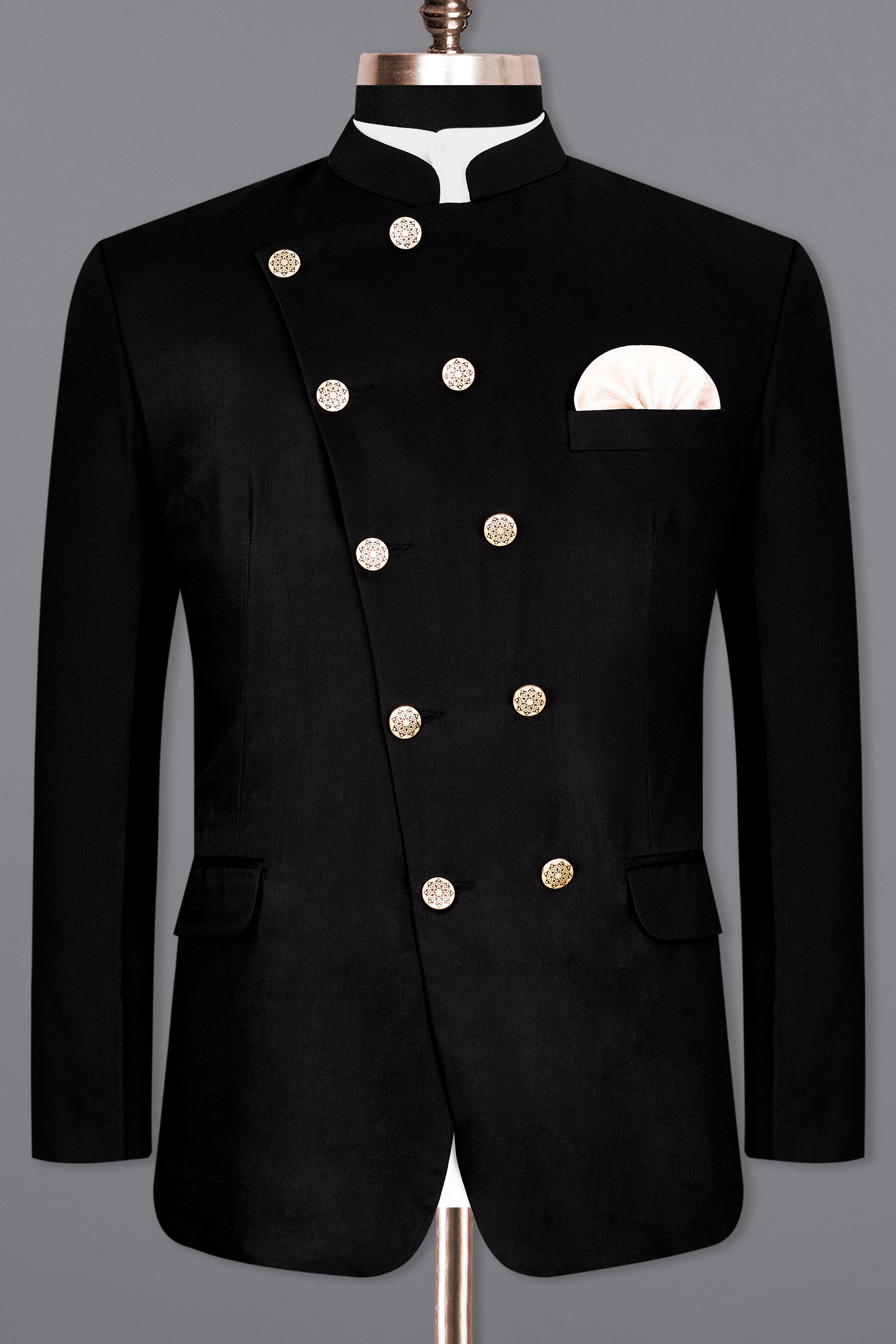 Jade Black Subtle Sheen Cross Placket Bandhgala Suit