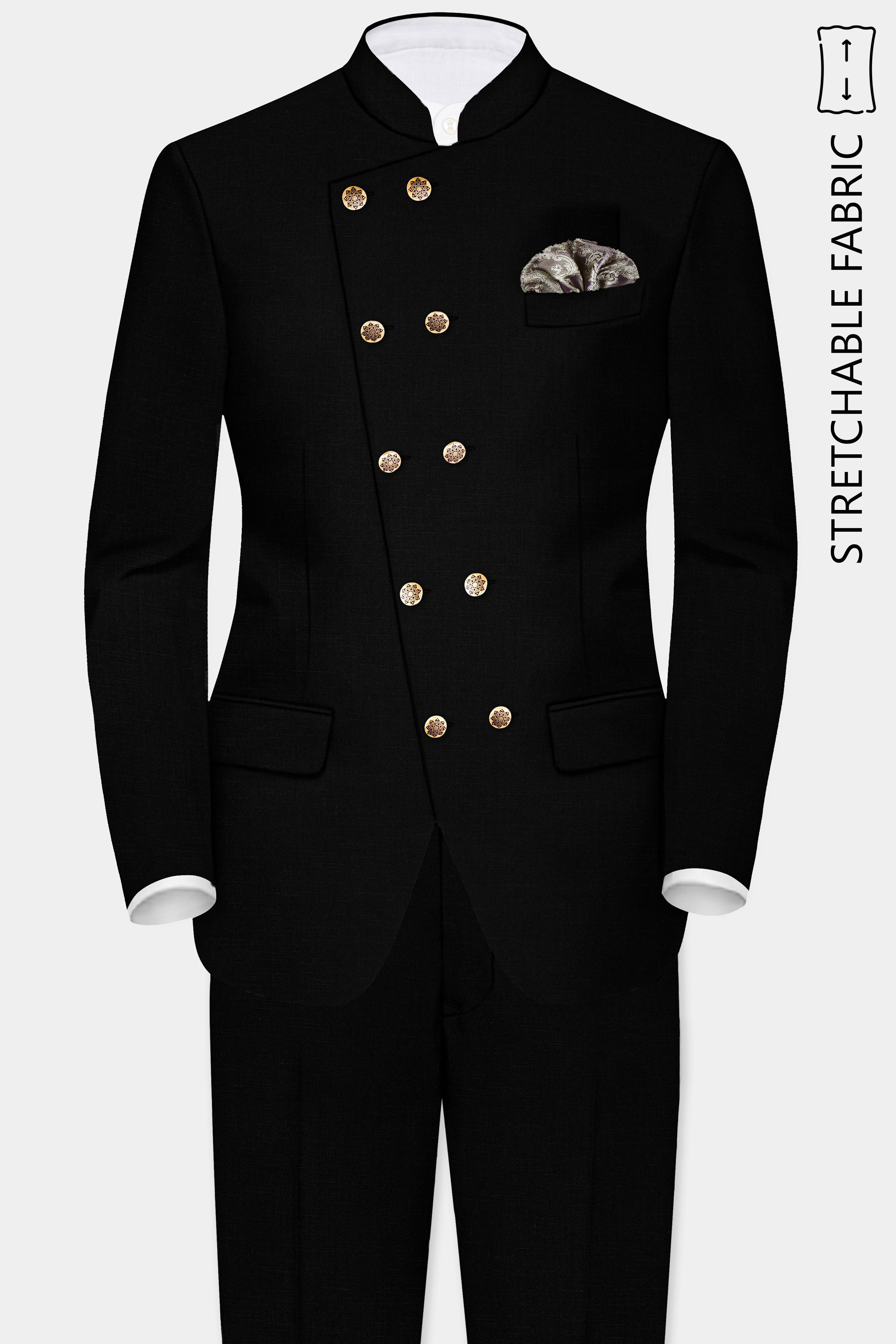 Jade Black Stretchable Subtle Sheen Cross Placket Bandhgala Suit