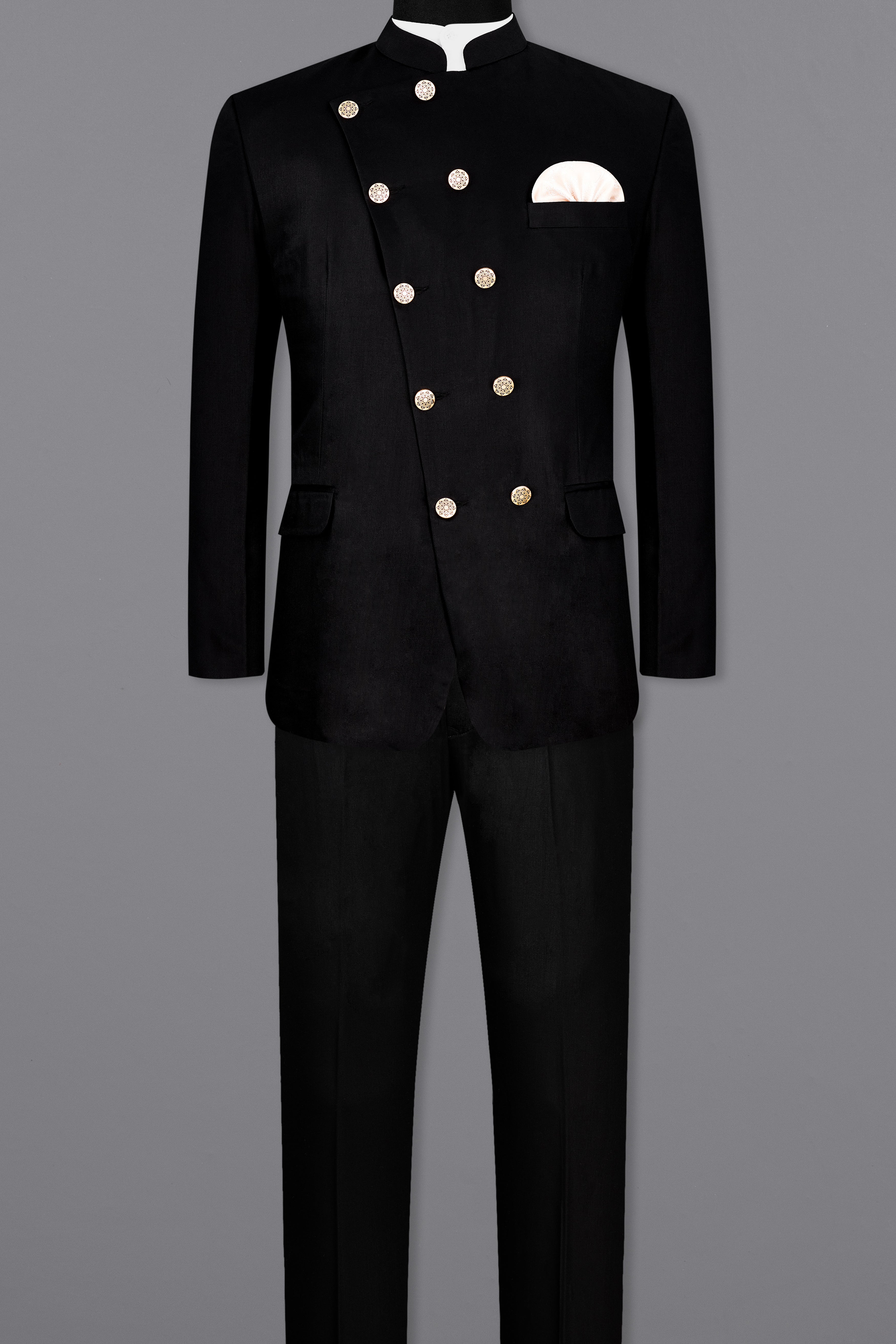 Jade Black Subtle Sheen Cross Placket Bandhgala Suit