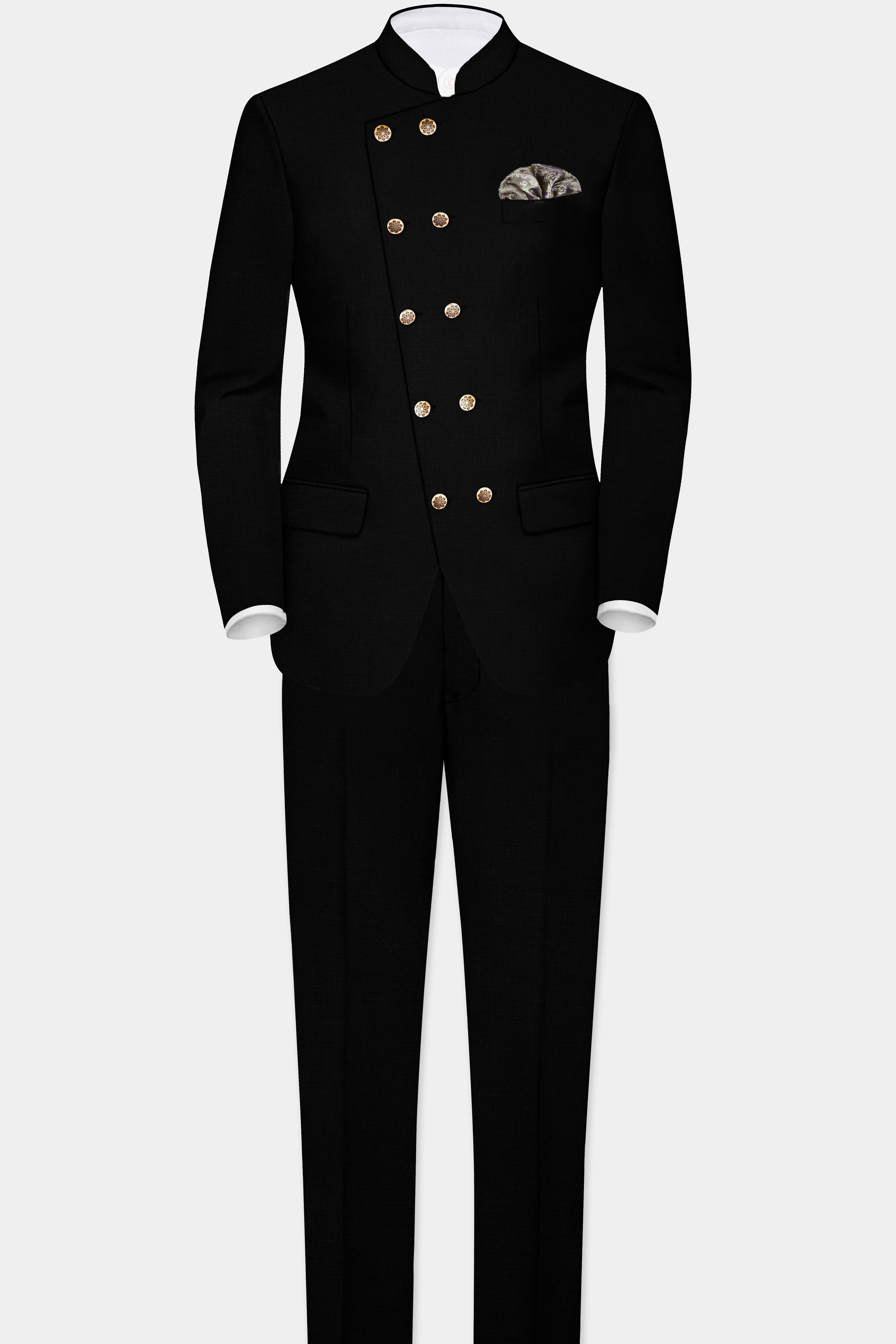 Jade Black Stretchable Subtle Sheen Cross Placket Bandhgala Suit