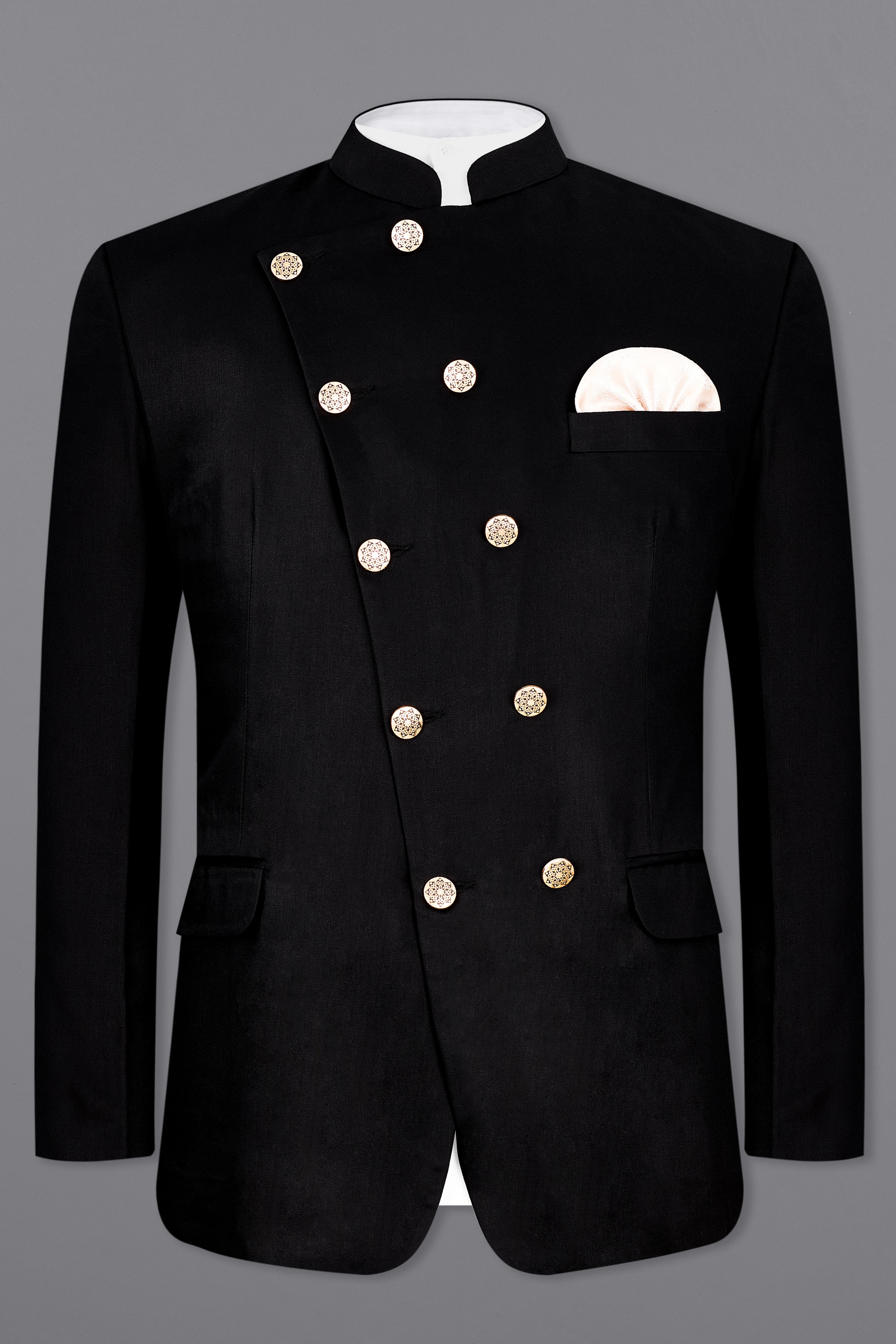 Jade Black Subtle Sheen Cross Placket Bandhgala Suit