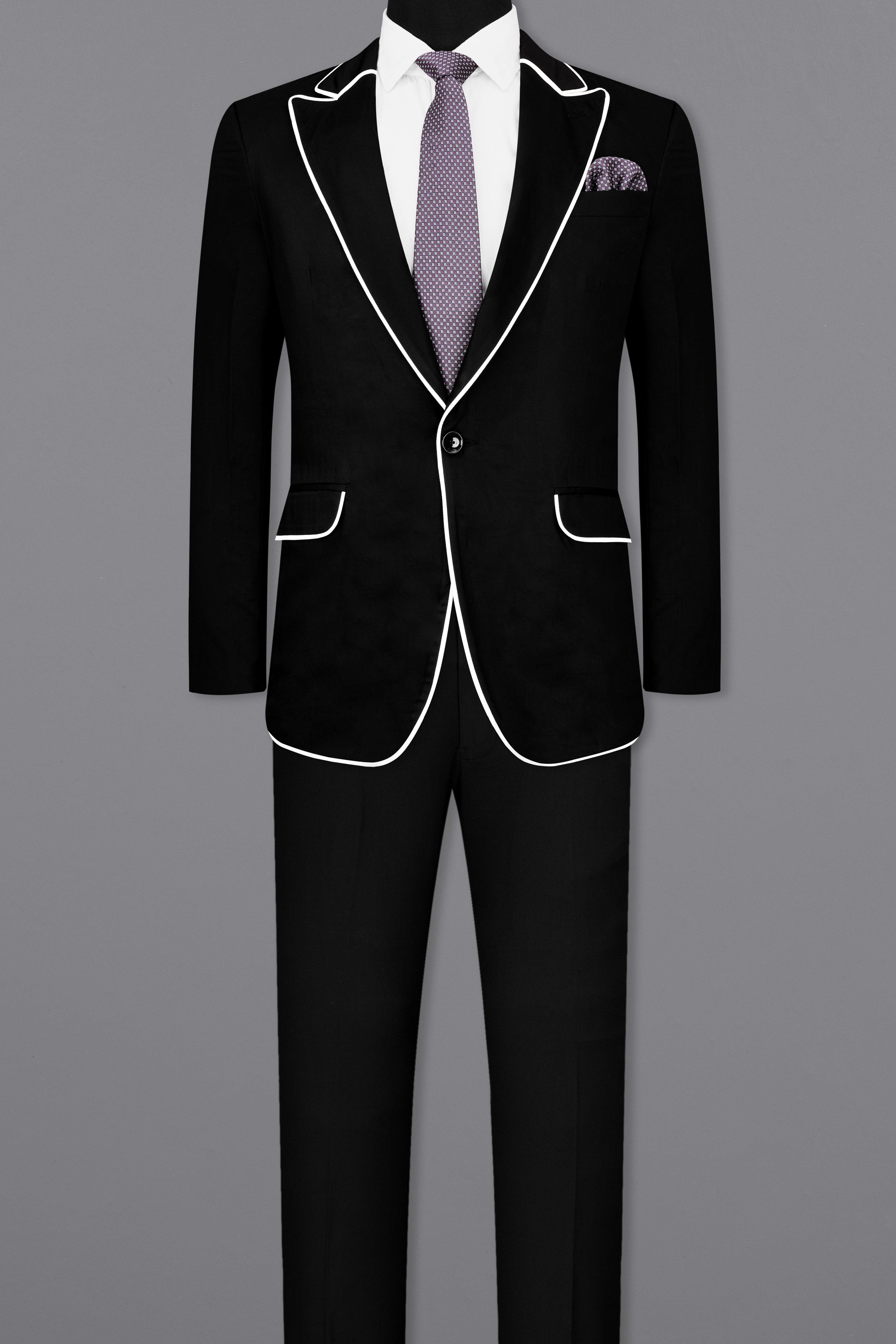 Jade Black Subtle Sheen With White Piping Work Designer Suit