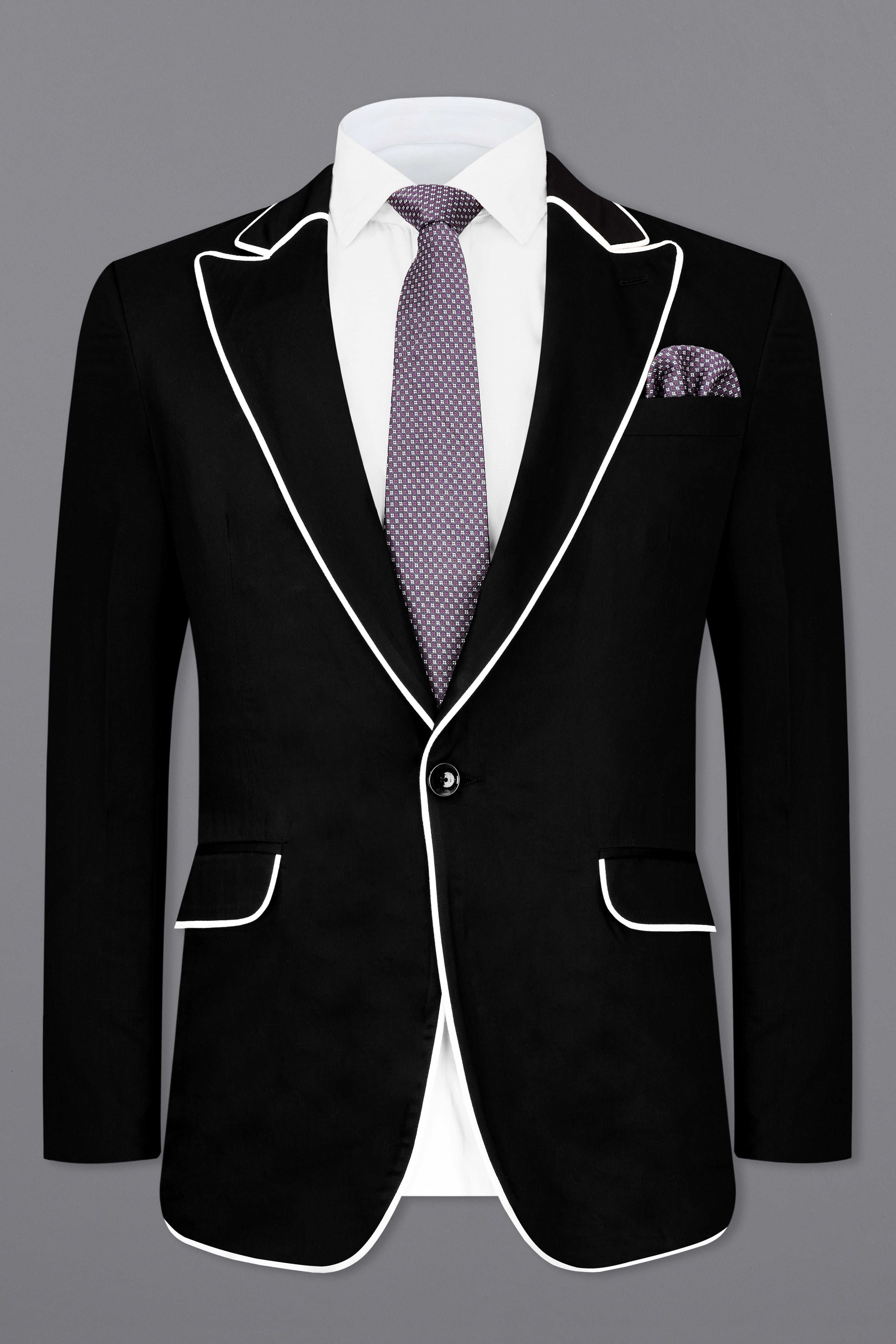 Jade Black Subtle Sheen With White Piping Work Designer Suit