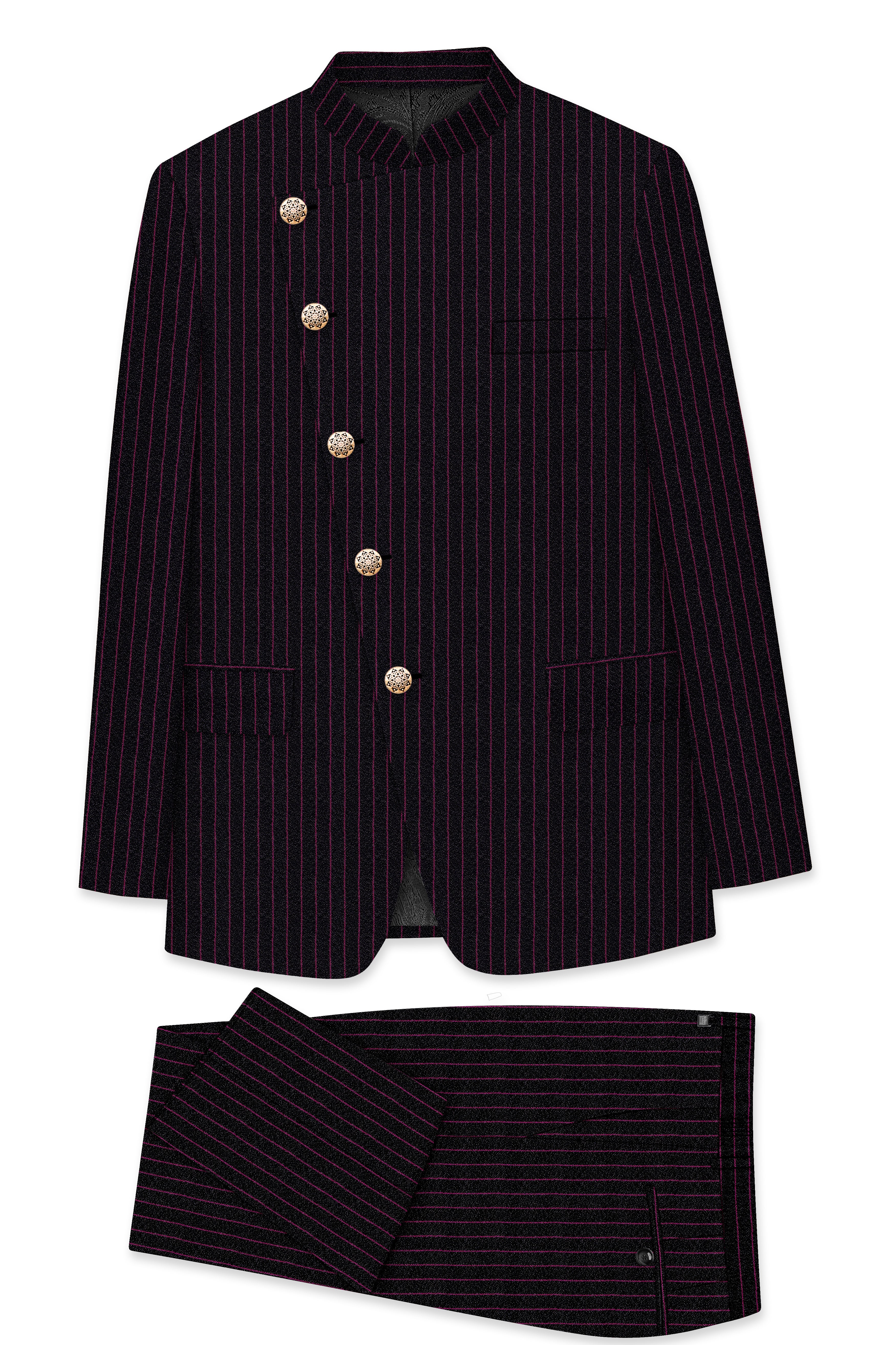 Zeus Black with Dark Mauve Pink Striped Cross-Placket Bandhgala Suit