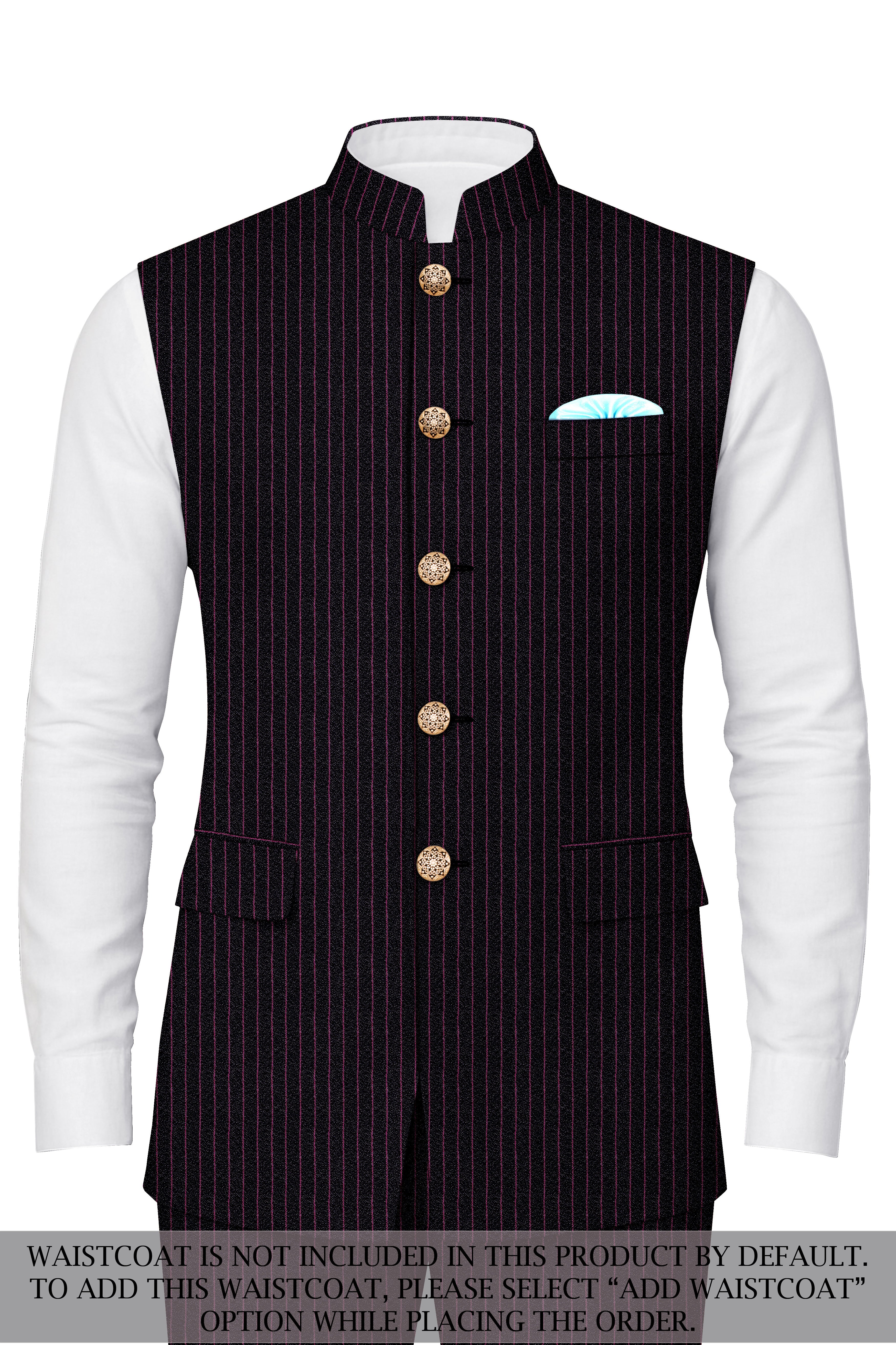 Zeus Black with Dark Mauve Pink Striped Cross-Placket Bandhgala Suit
