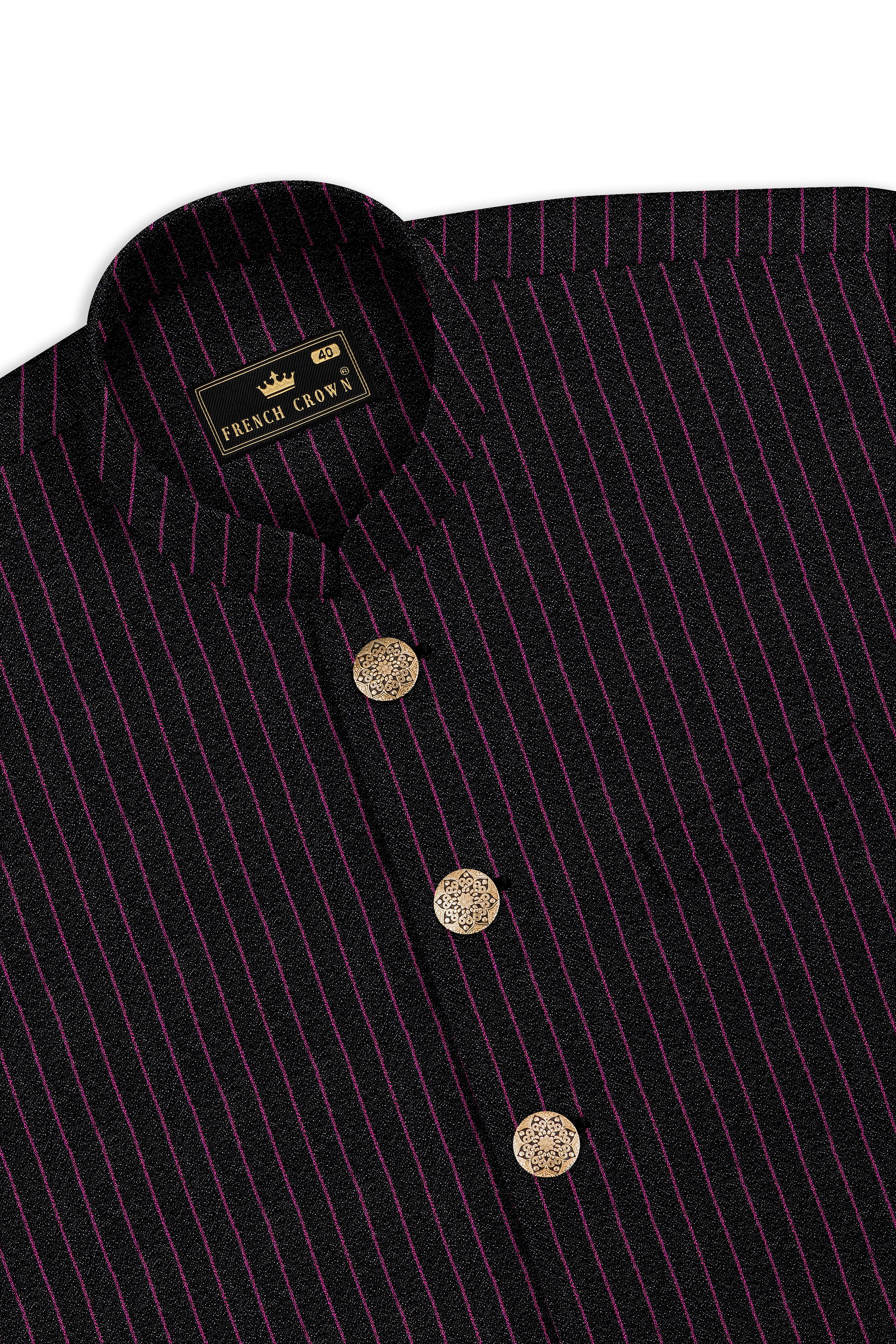 Zeus Black with Dark Mauve Pink Striped Cross-Placket Bandhgala Suit