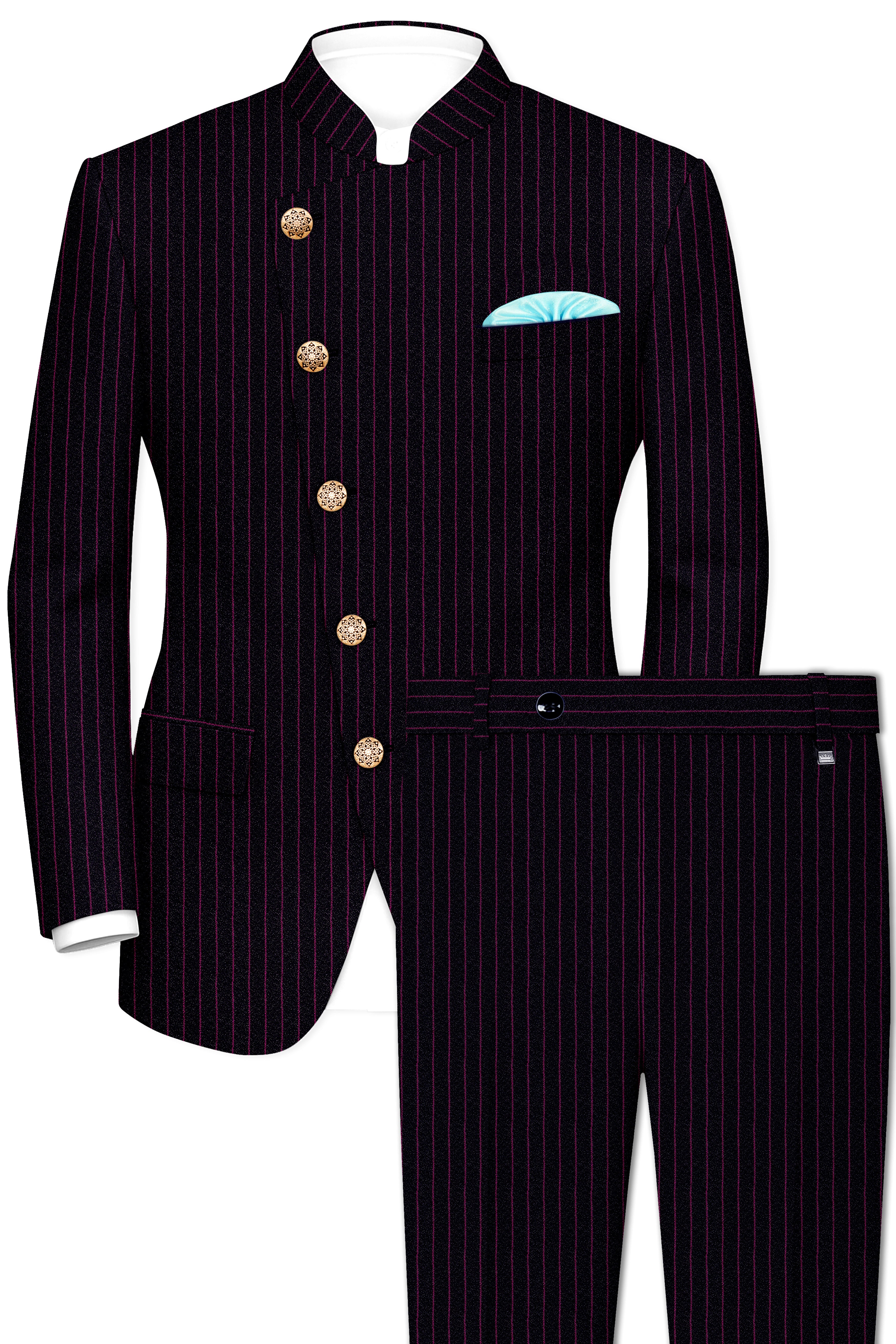 Zeus Black with Dark Mauve Pink Striped Cross-Placket Bandhgala Suit