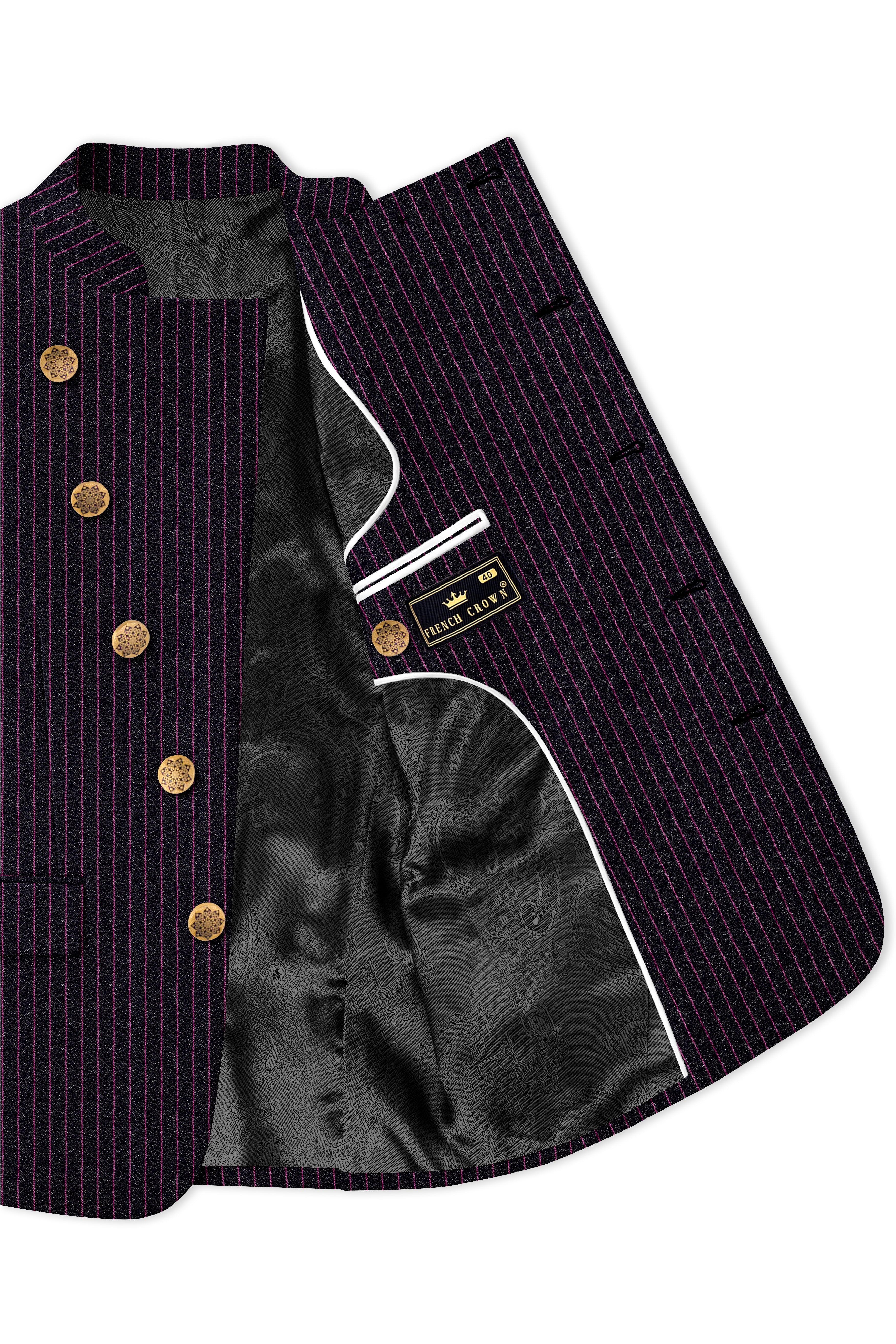 Zeus Black with Dark Mauve Pink Striped Cross-Placket Bandhgala Suit