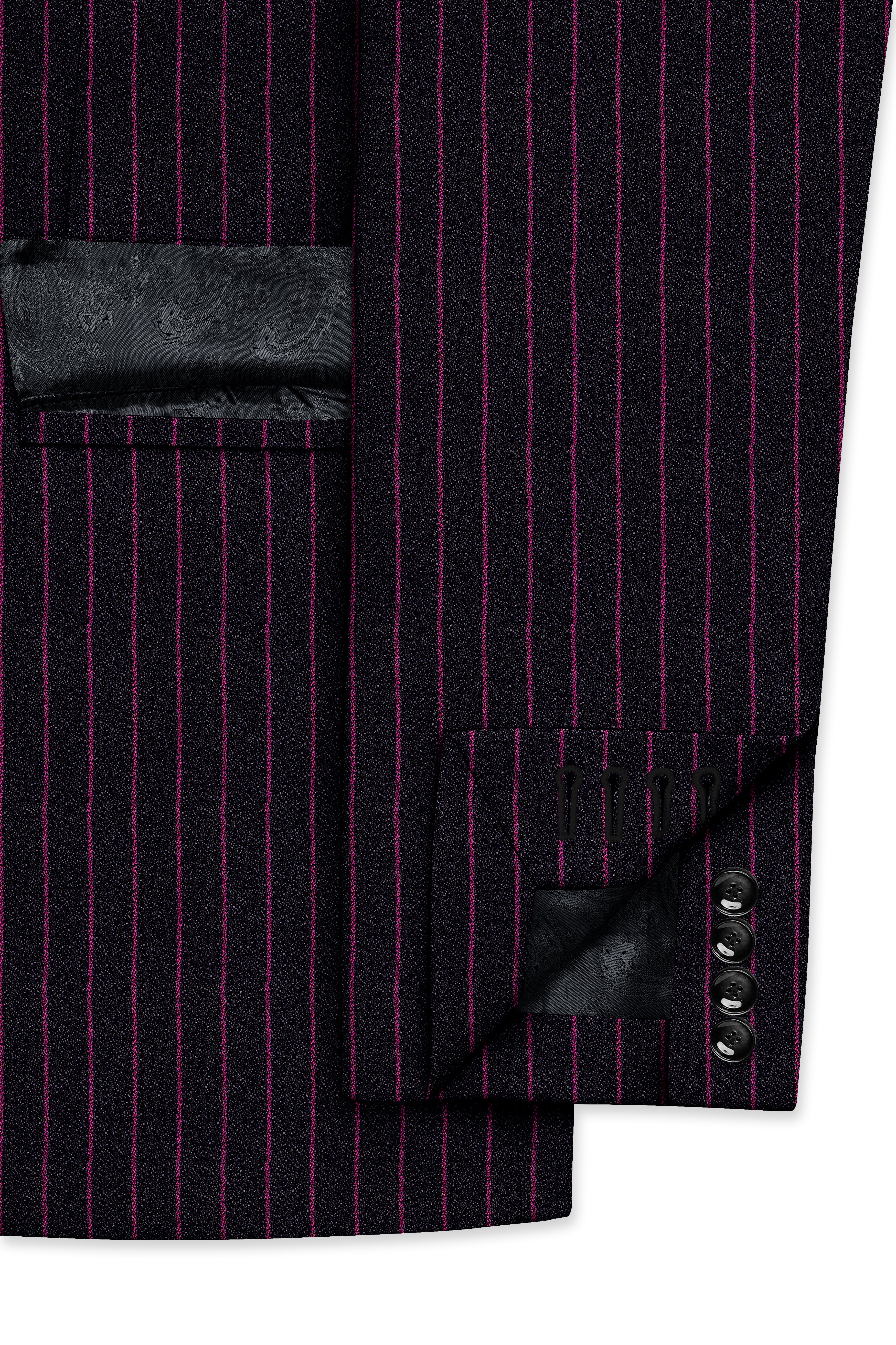 Zeus Black with Dark Mauve Pink Striped Cross-Placket Bandhgala Suit