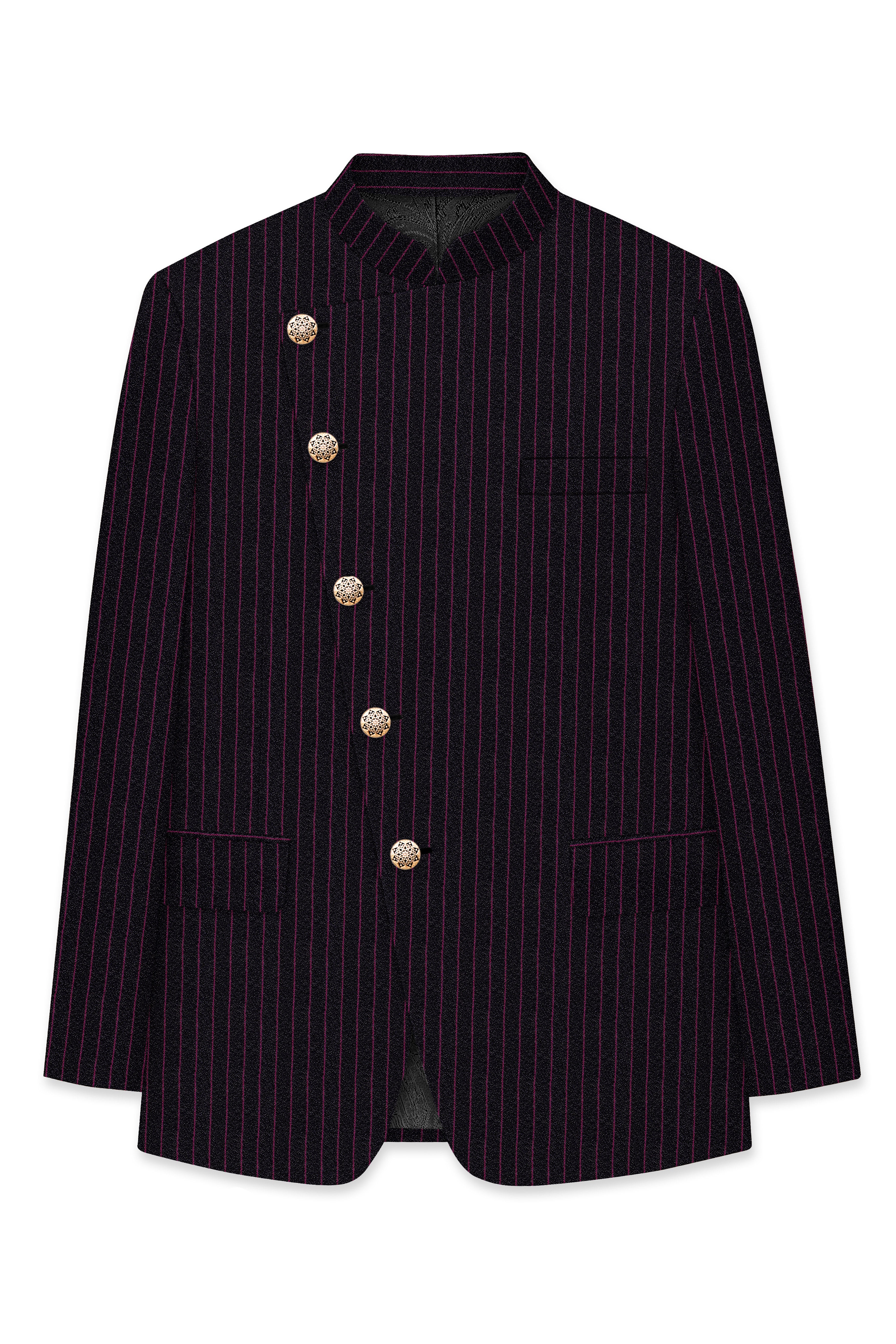 Zeus Black with Dark Mauve Pink Striped Cross-Placket Bandhgala Suit