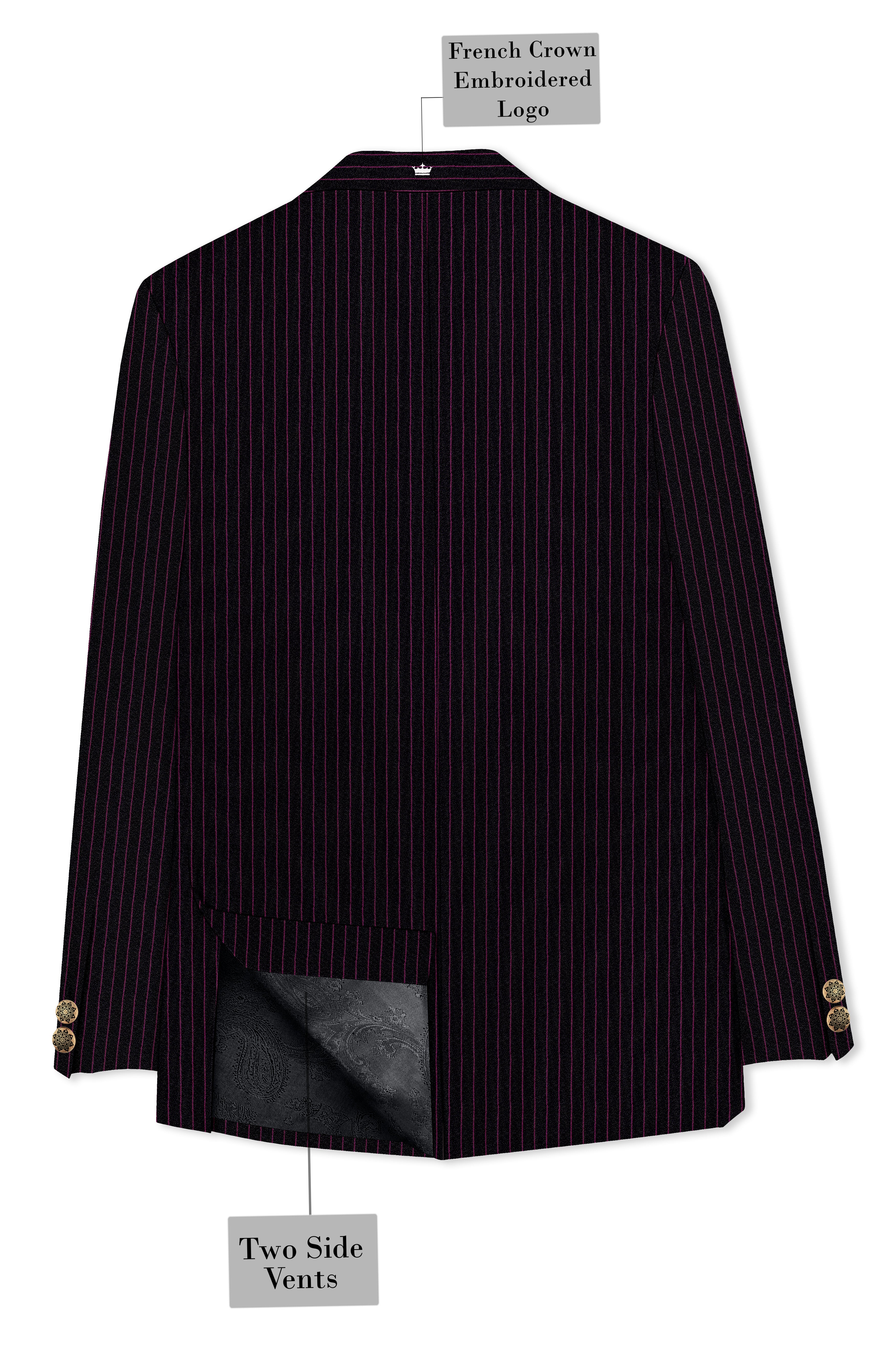 Zeus Black with Dark Mauve Pink Striped Cross-Placket Bandhgala Suit