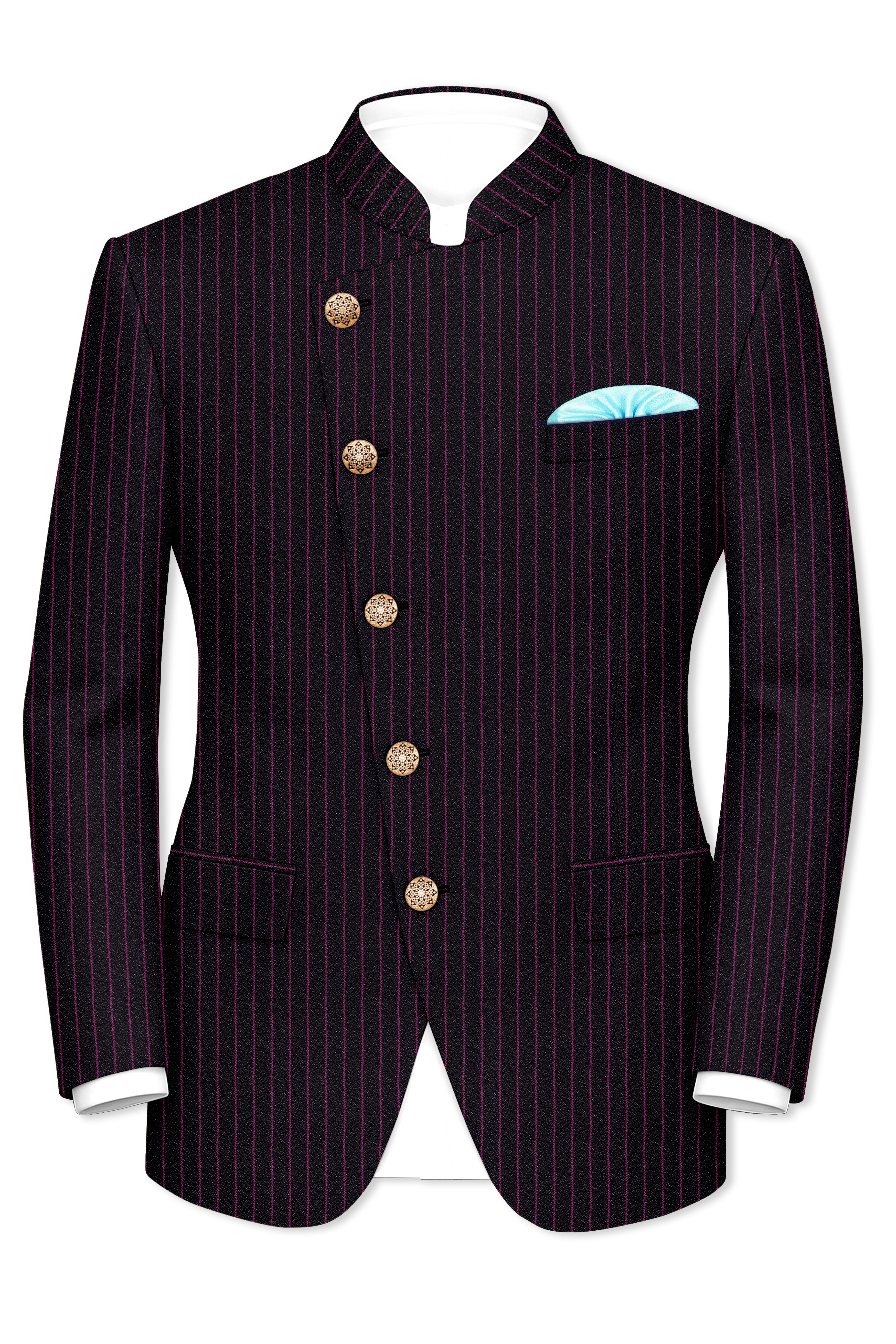 Zeus Black with Dark Mauve Pink Striped Cross-Placket Bandhgala Suit