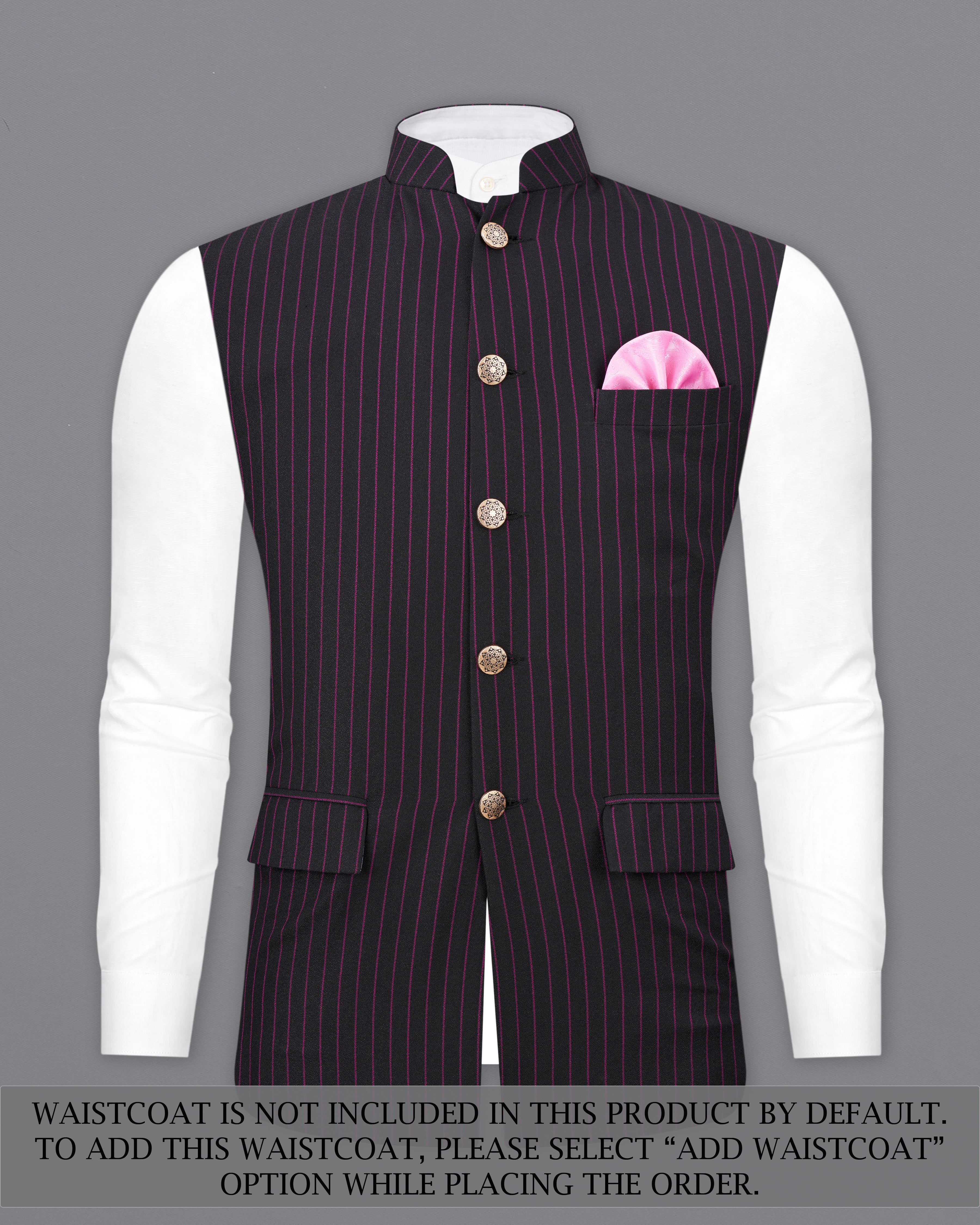 Zeus Black with Dark Mauve Pink Striped Cross-Placket Bandhgala Suit