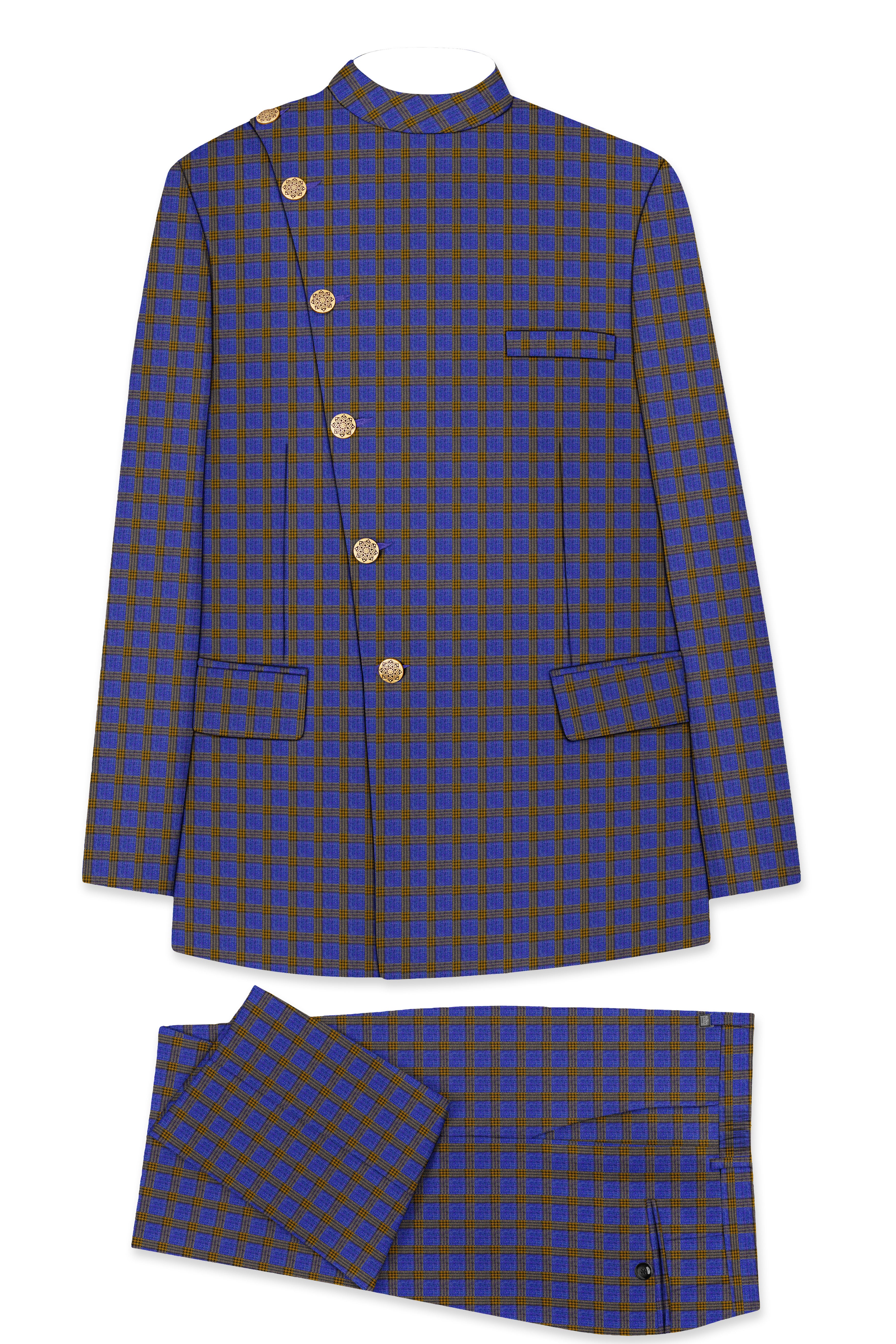 Twilight Blue with Alpine Brown Plaid Cross Placket Bandhgala Suit