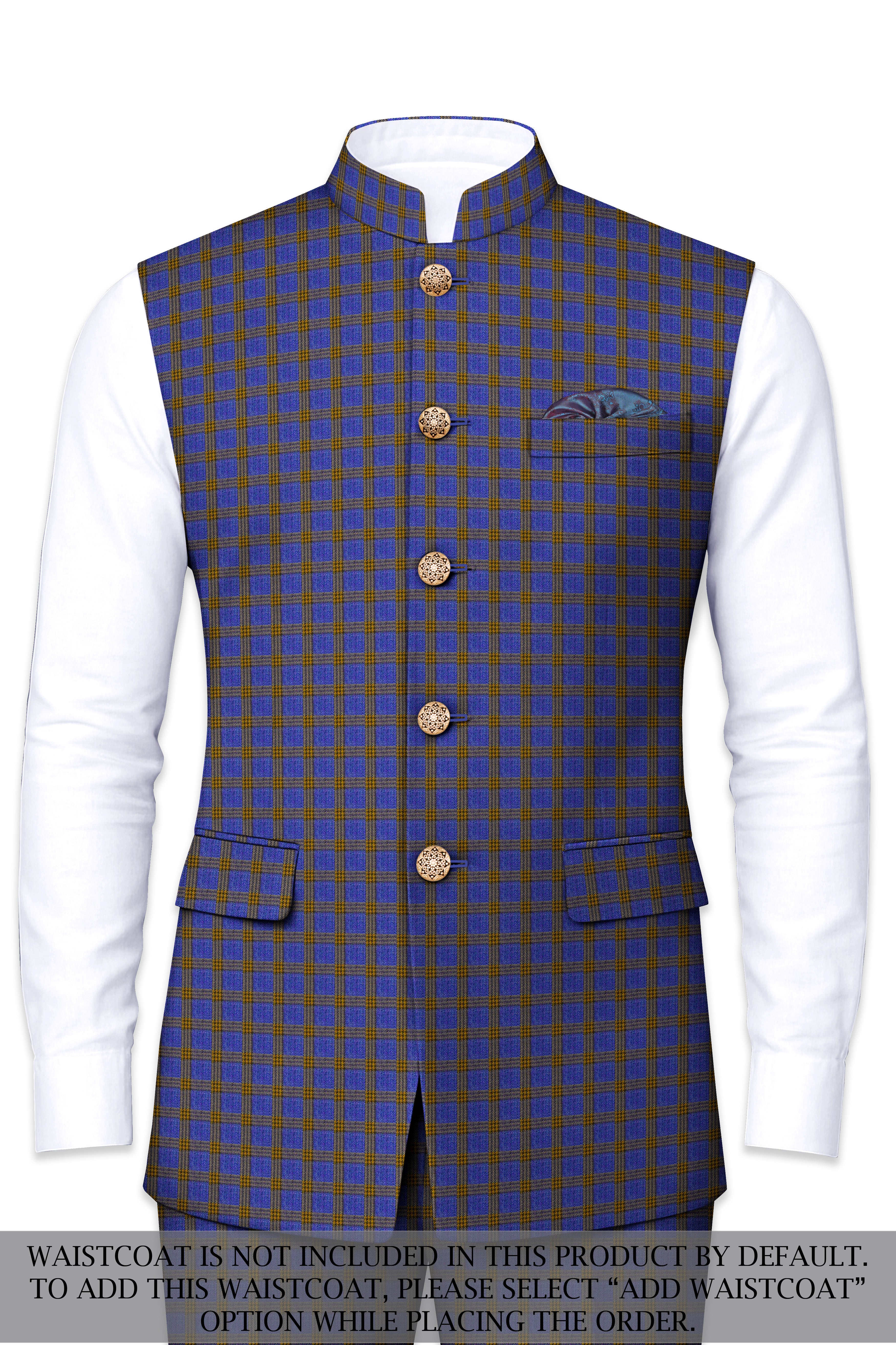 Twilight Blue with Alpine Brown Plaid Cross Placket Bandhgala Suit