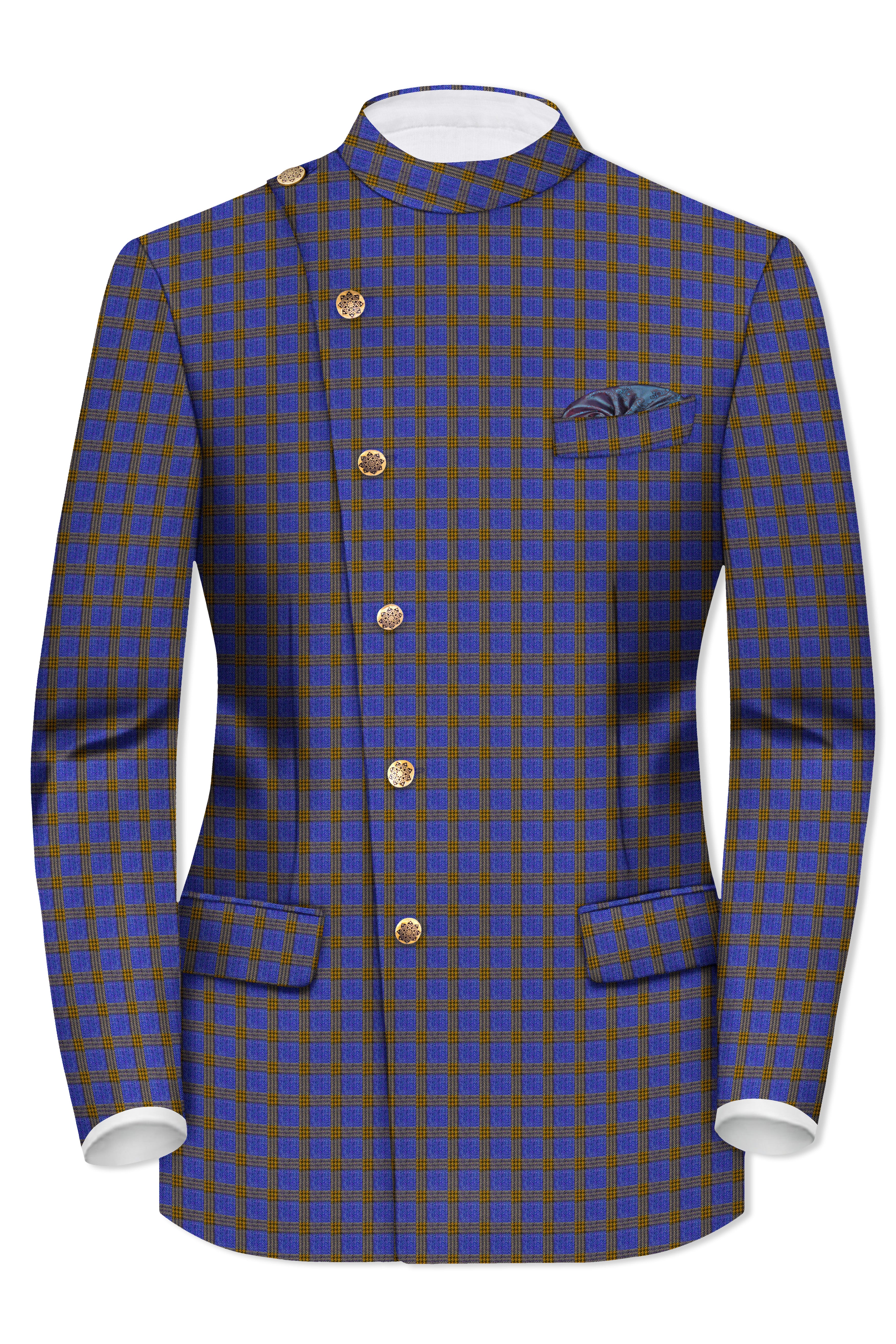 Twilight Blue with Alpine Brown Plaid Cross Placket Bandhgala Suit