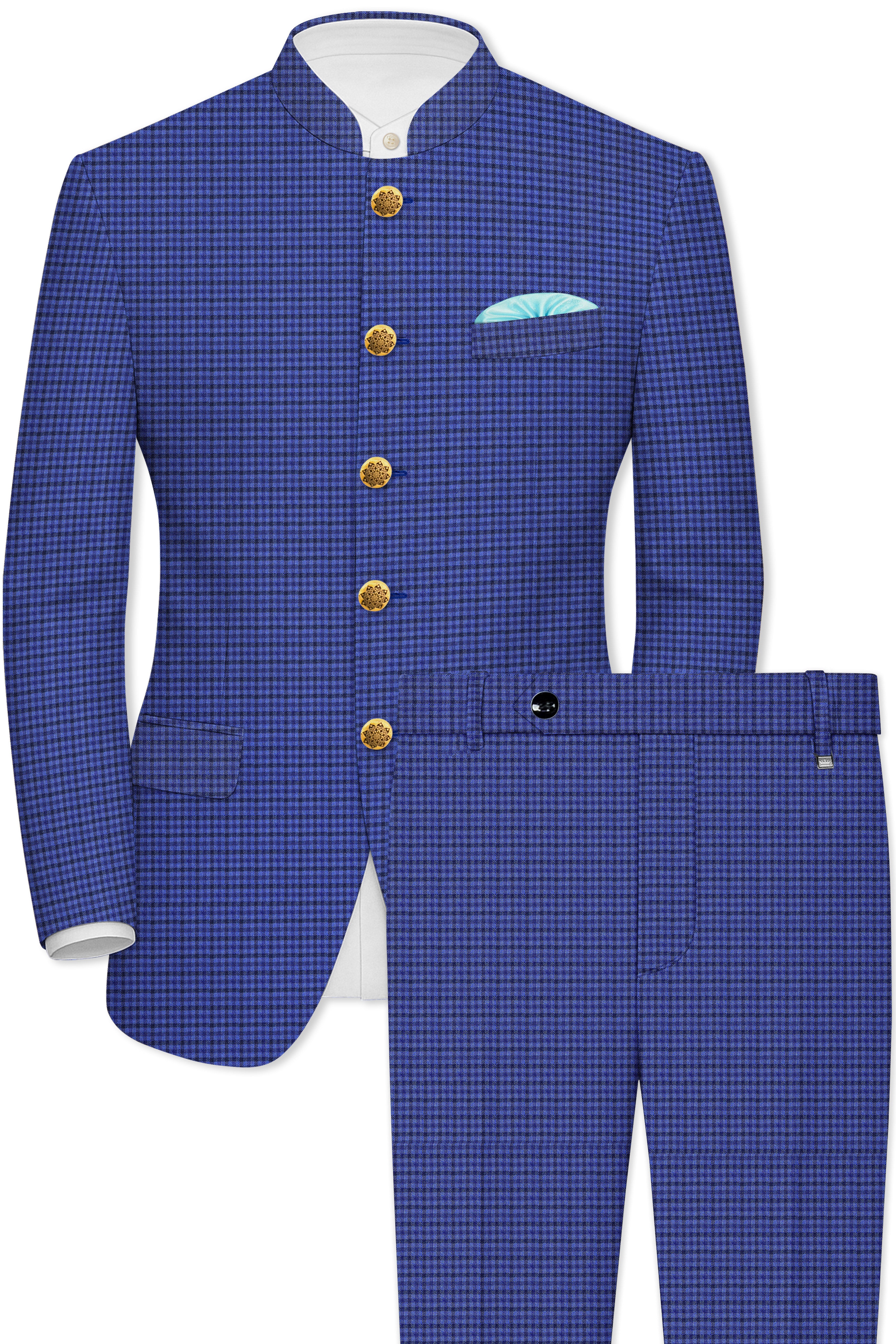 Victoria Blue Gingham Checkered Bandhgala Suit